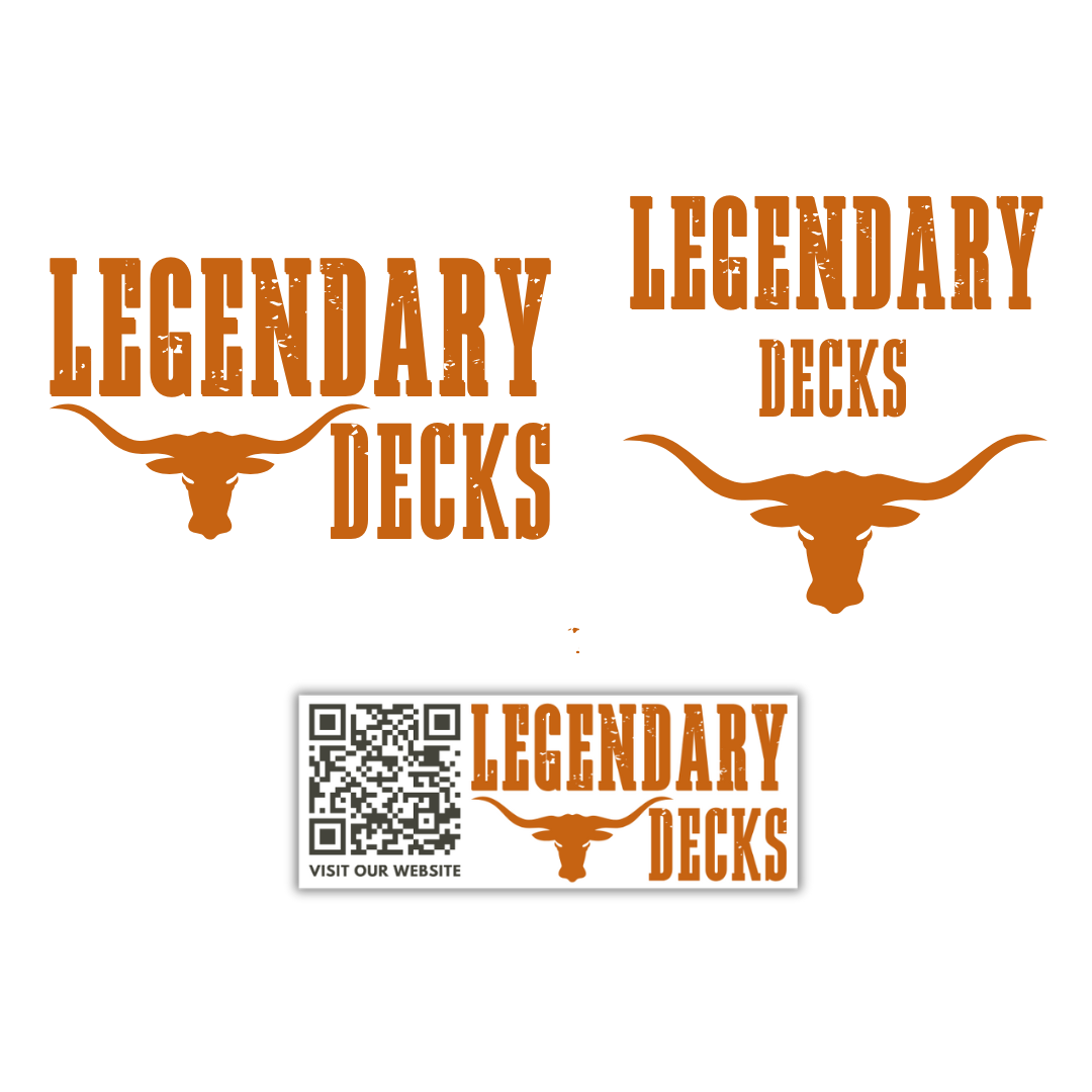 Promotional graphic for Legendary Decks featuring a longhorn skull logo and a QR code.