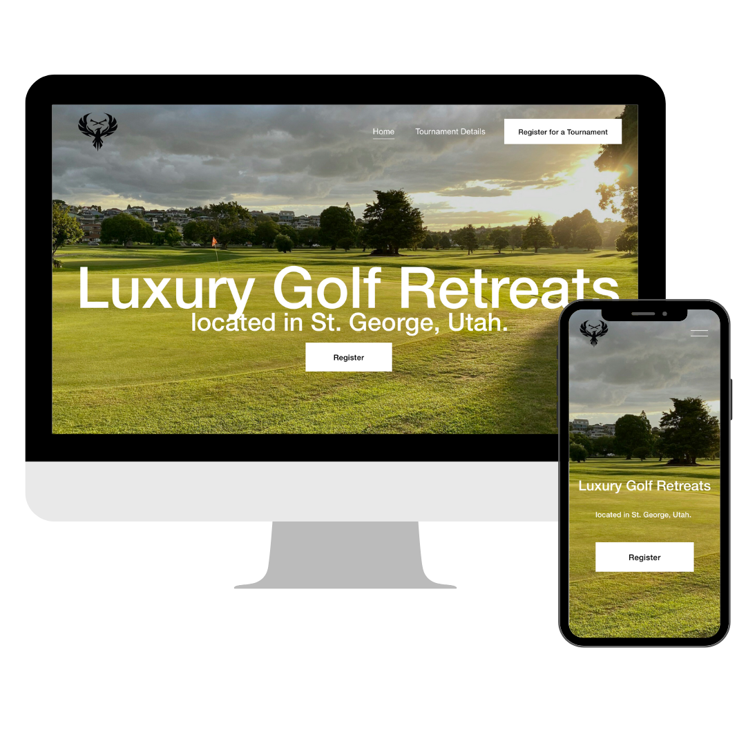 Website homepage for luxury golf retreats in St. George, Utah, showing a golf course at sunset with options to register for the tournament, displayed on both desktop and mobile screens.