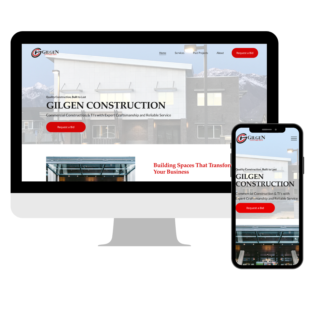 Website homepage for Gilgen Construction displayed on a computer monitor and a mobile phone. The website features a modern building exterior, the company's logo, menu options, and a red button labeled "Request a Bid."