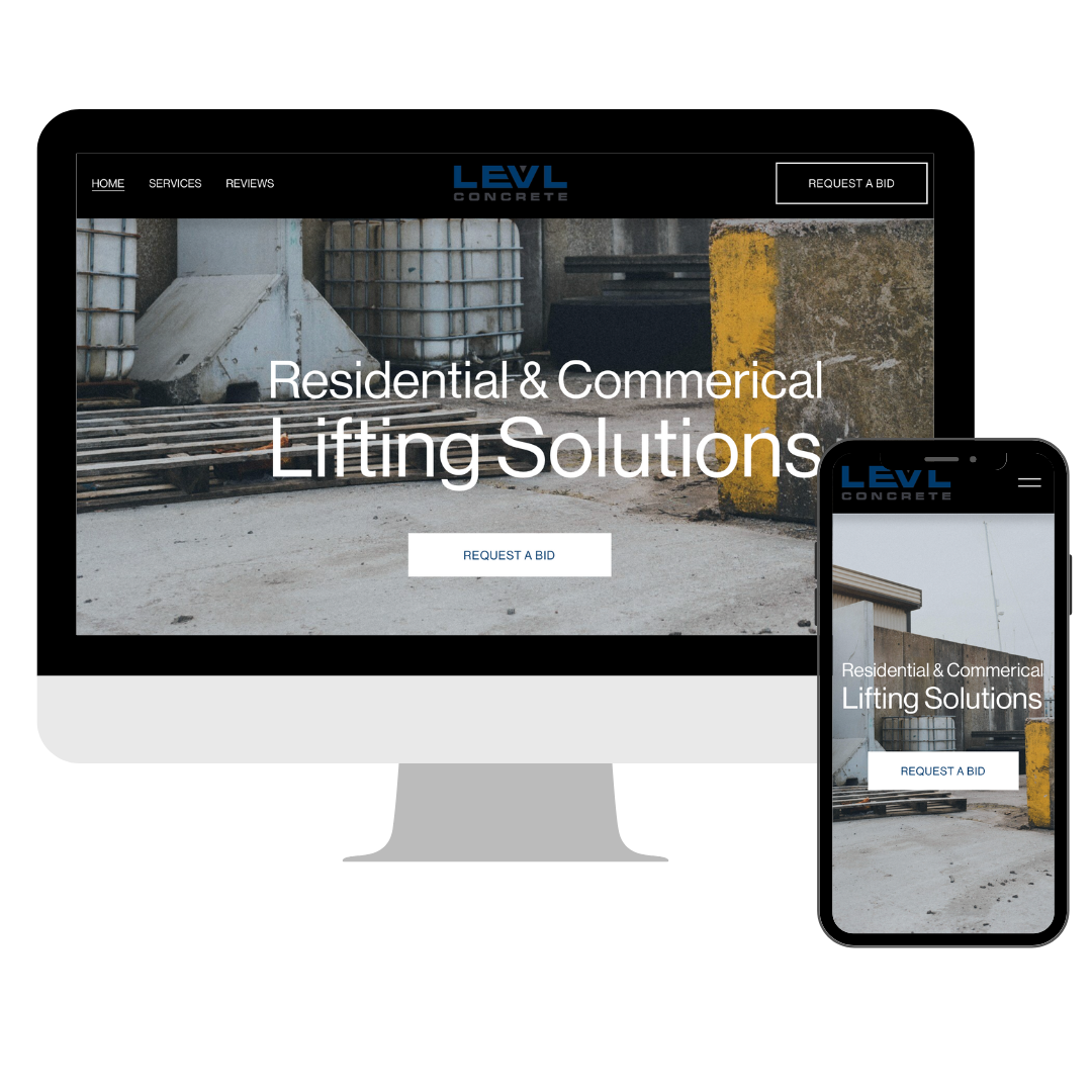 Website and mobile view of LEVL Concrete homepage showcasing residential and commercial lifting solutions with a 'Request a Bid' button.
