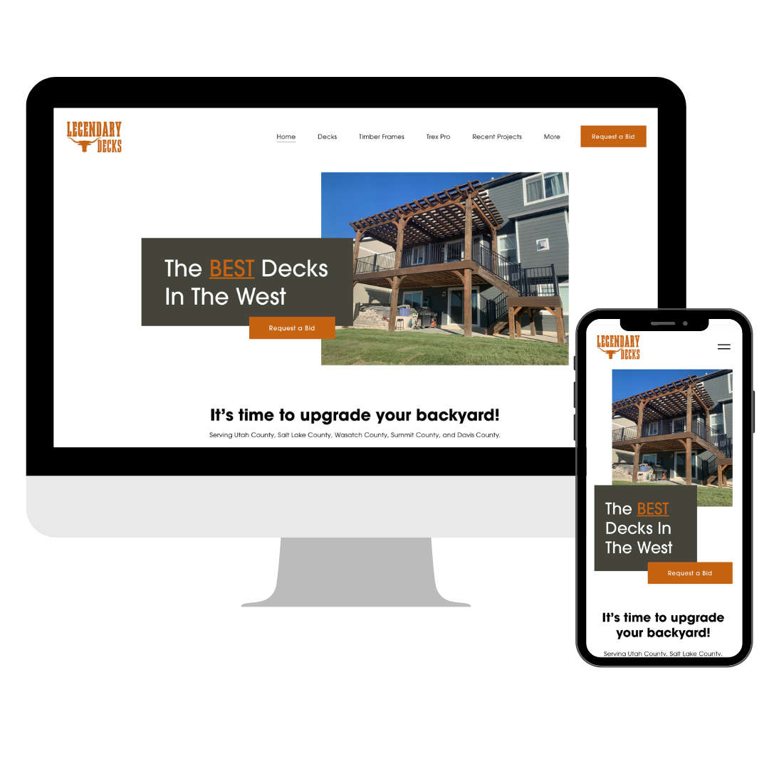 Screenshot of a website promoting backyard decks, showing a photo of a wooden deck attached to a house, with text highlighting "The BEST Decks In The West" and a button labeled "Request a Bid." The mobile view of the site is also shown.