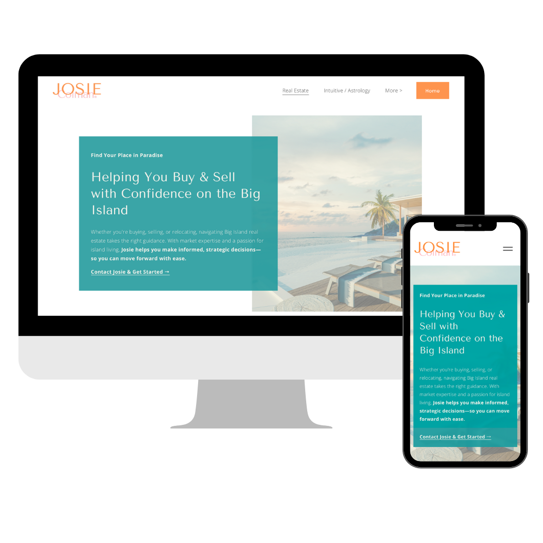 A website homepage displayed on a desktop monitor and a smartphone. The website offers real estate services on Big Island, featuring a tropical beach scene with a pool, palm trees, and a sunset sky in the background. The text highlights helping clients buy and sell with confidence in paradise.