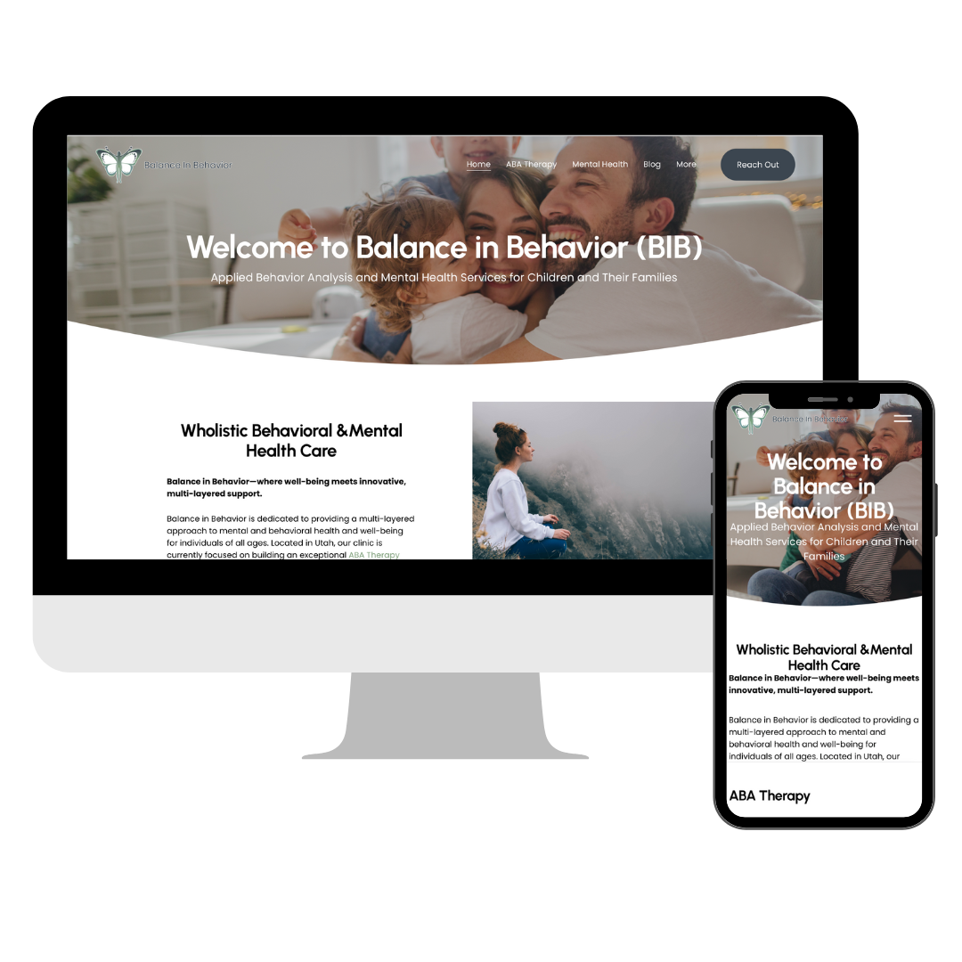 Screenshot of a mental health website titled "Balance in Behavior (BIB)" showing a happy family hugging, a woman meditating outdoors, and divided into sections about behavioral and mental health services, with a mobile and desktop view.