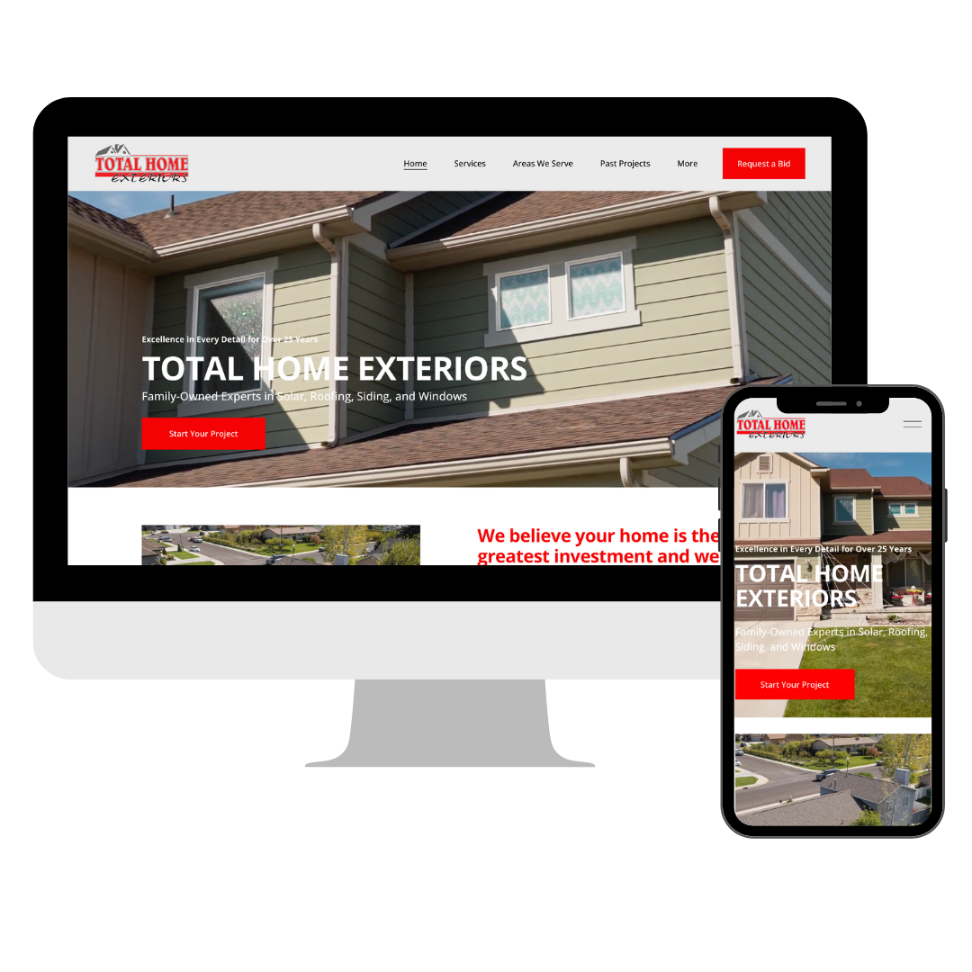 Screenshot of Total Home Exteriors website showing a house with beige siding and a brown roof on desktop and mobile displays.