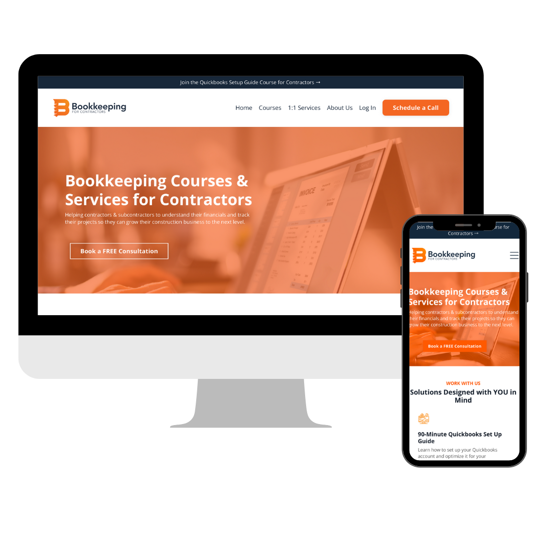 Website's homepage for bookkeeping courses and services for contractors, shown on desktop and mobile screens with an orange and white color scheme, featuring a prominent 'Schedule a Call' button and a headline about helping contractors understand their financials.