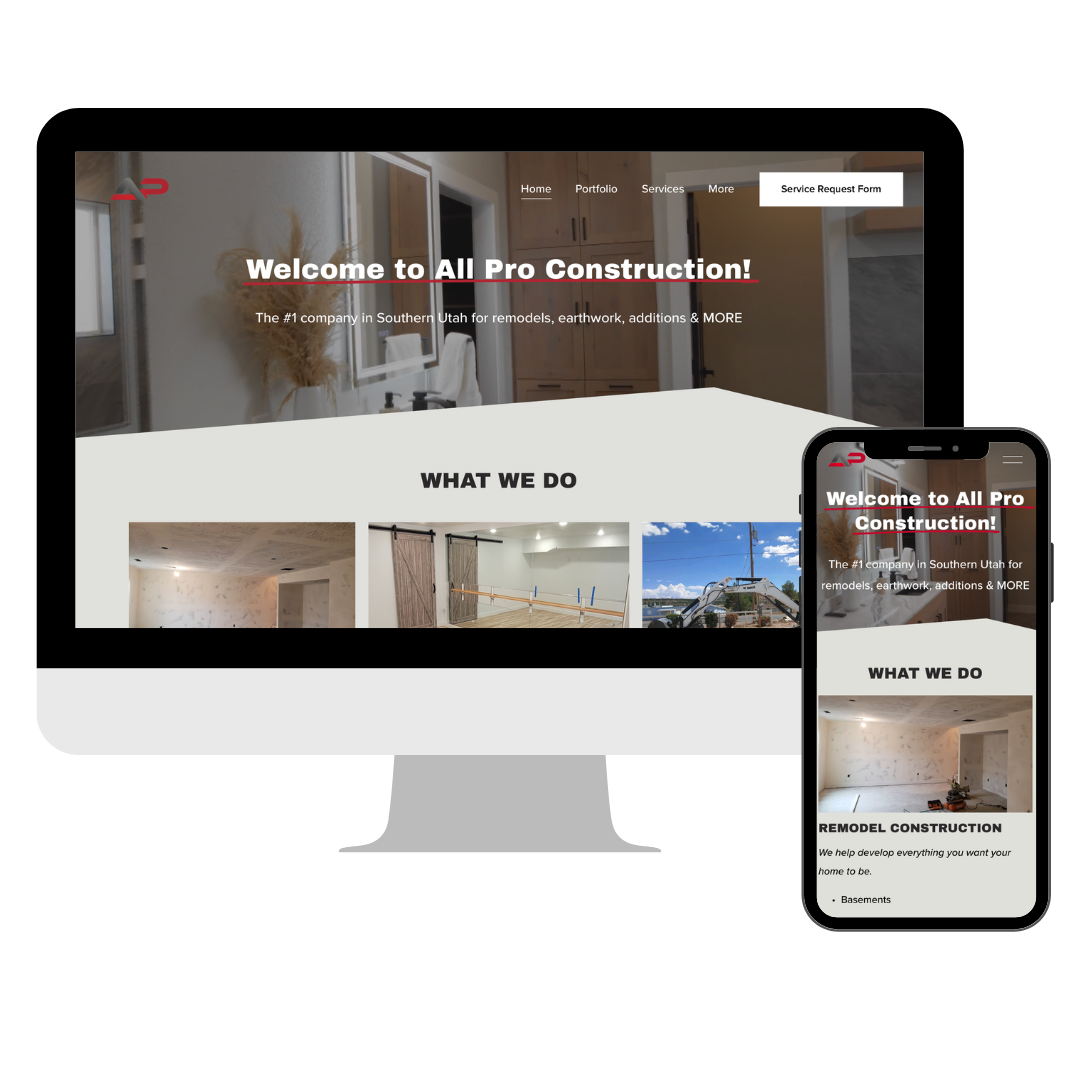 Screenshot of a website and a mobile view for All Pro Construction, a remodeling company in Southern Utah. The website features a header with navigation links, a welcome message, and images of construction work, including an interior wall, curtains, and an outdoor scene with equipment. The mobile view shows the same content optimized for small screens.