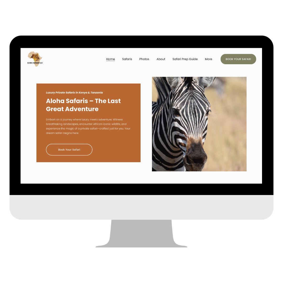 A computer screen displaying a website for Aloha Safaris, featuring a zebra and information about luxury private safaris in Africa.