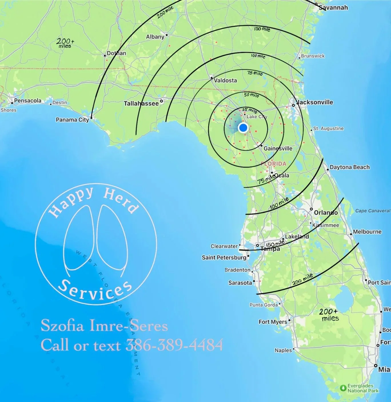 Map of Florida showing a hurricane storm radius centered on Tampa with concentric circles representing distance in miles. The map includes major cities and highways, and a logo for 'Happy Herd Services' with contact information.