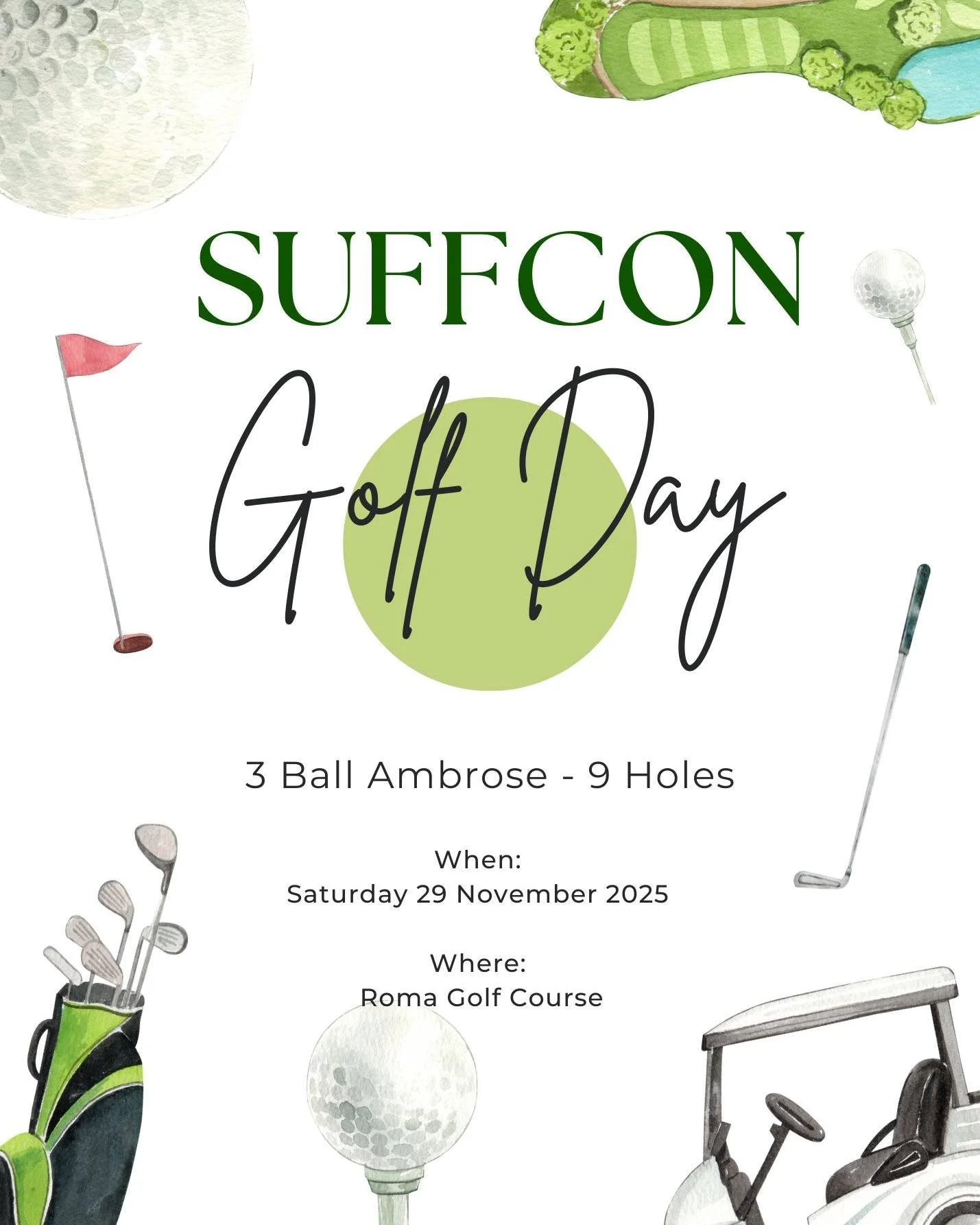 Tee it up! ⛳️ 

Suffcon Golf Day is coming soon &mdash; 9 holes, 3 ball ambrose, and plenty of friendly competition.

📅 Save the date and get your team ready &mdash; it&rsquo;s time to start polishing those clubs!

Location: Roma Golf Club 

-
-
-

