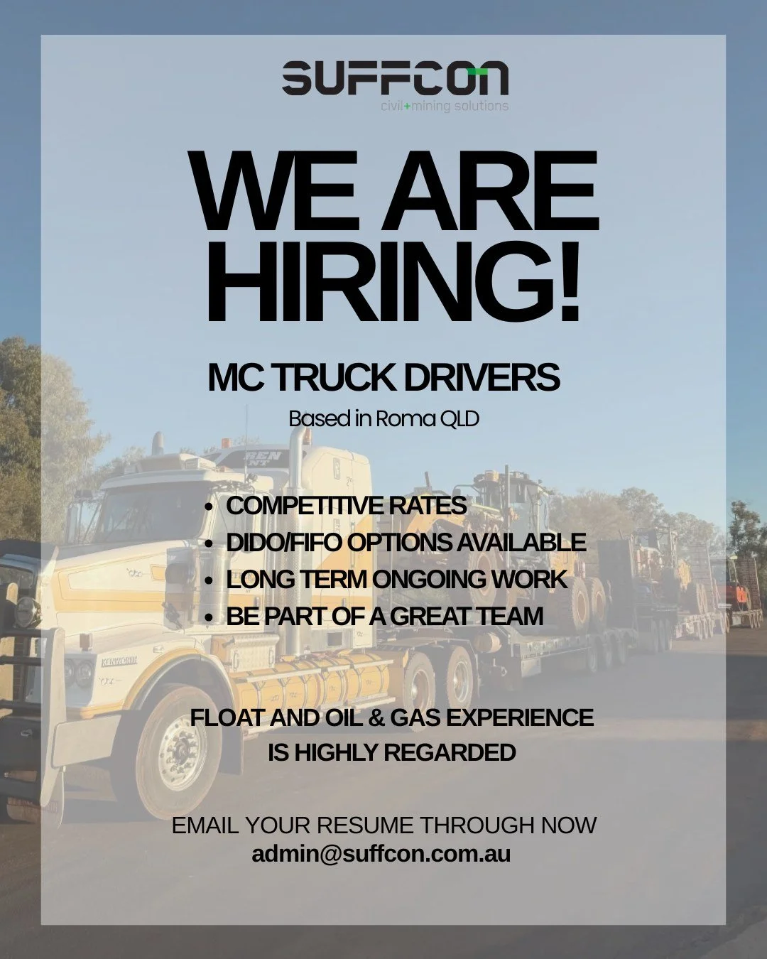 MC Truck Driver Wanted &ndash; Roma, QLD Based

Suffcon is seeking a Multi Combination Truck Driver to support our construction and roadworks projects across Southwest Queensland. Based in Roma, QLD, this role offers long-term opportunities and the c