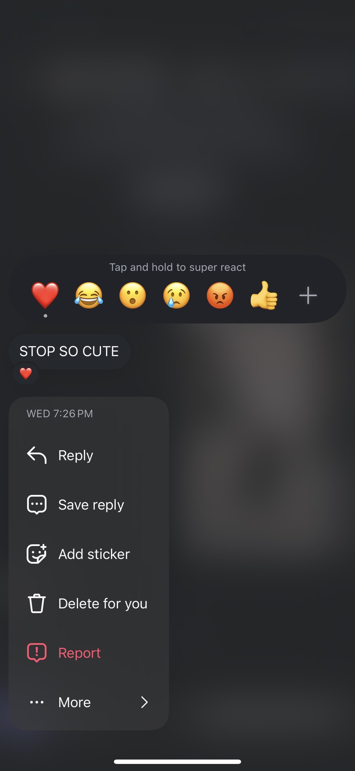 A screenshot of a social media comment section showing a message that says "STOP SO CUTE" with a red heart emoji, and a menu of options including reply, save reply, add sticker, delete for you, report, and more.