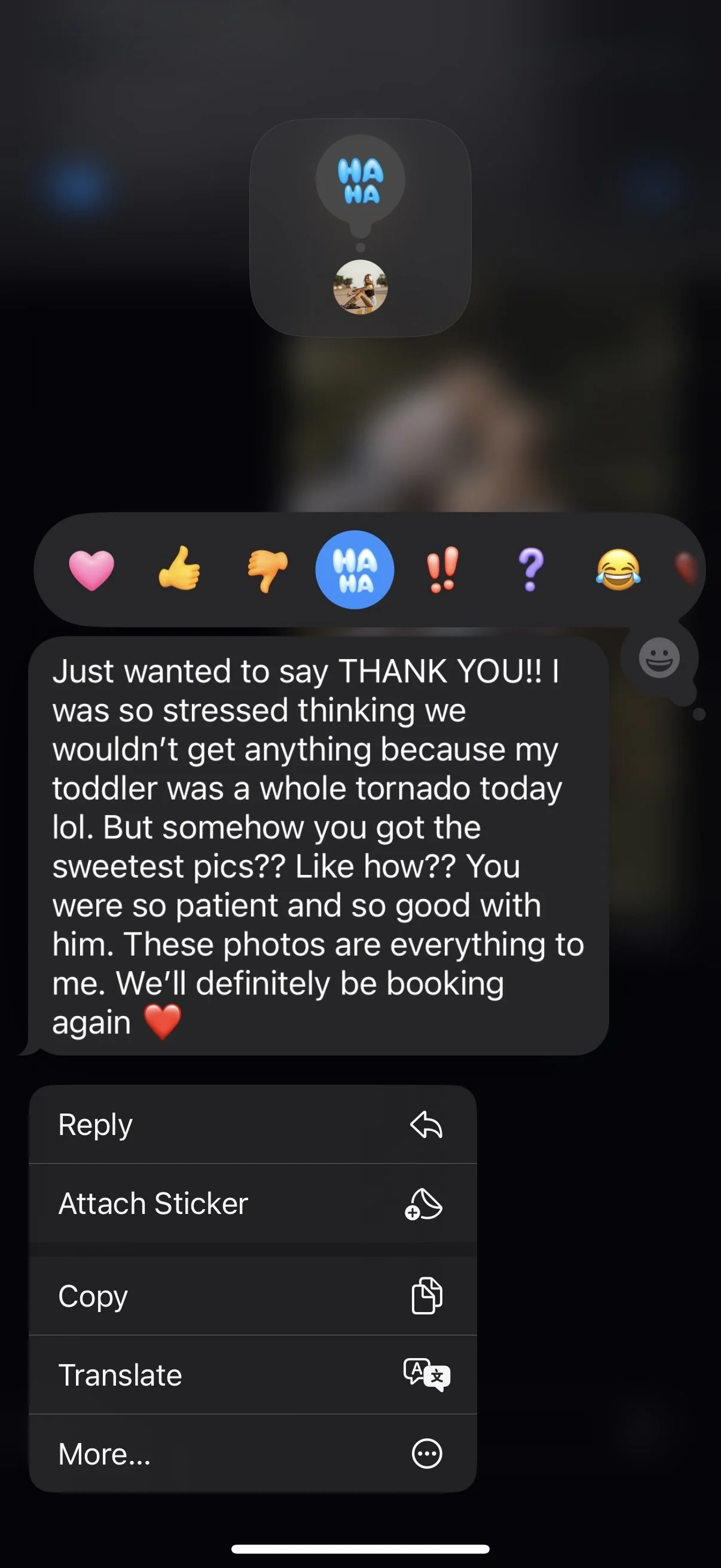 Screenshot of a text message conversation expressing gratitude for pet photos, with various emoji reactions above.