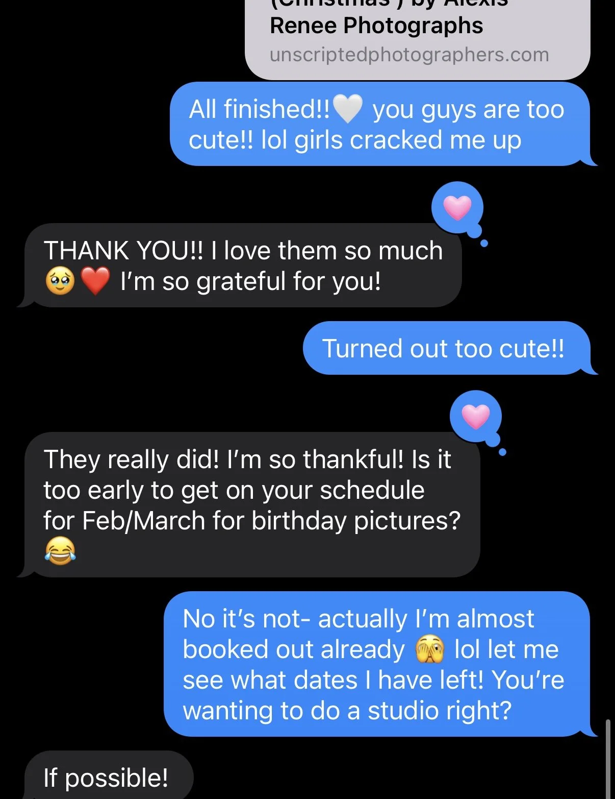 Message exchange on a phone screen discussing schedules for photoshoots, with humorous and friendly tone. Kansa wedding. Kansas City wedding. Kansas City wedding photography. Missouri photographer. Missouri wedding. Missouri wedding photographer. Pit