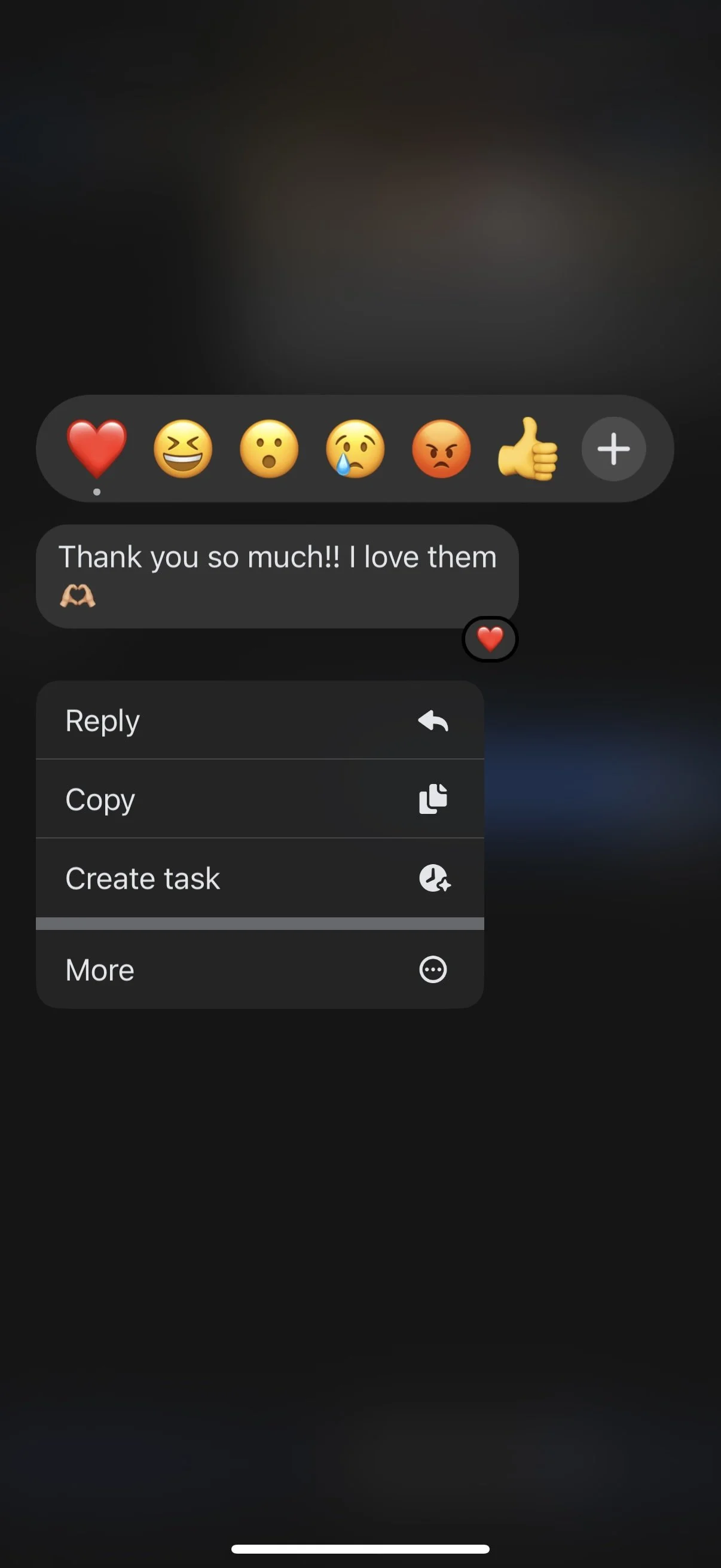 A screenshot of a social media comment section with reactions and a message that reads, 'Thank you so much!! I love them' with a heart emoji. The reactions include various emojis: heart, laughing face, surprised face, sad face, angry face, and thumbs up.