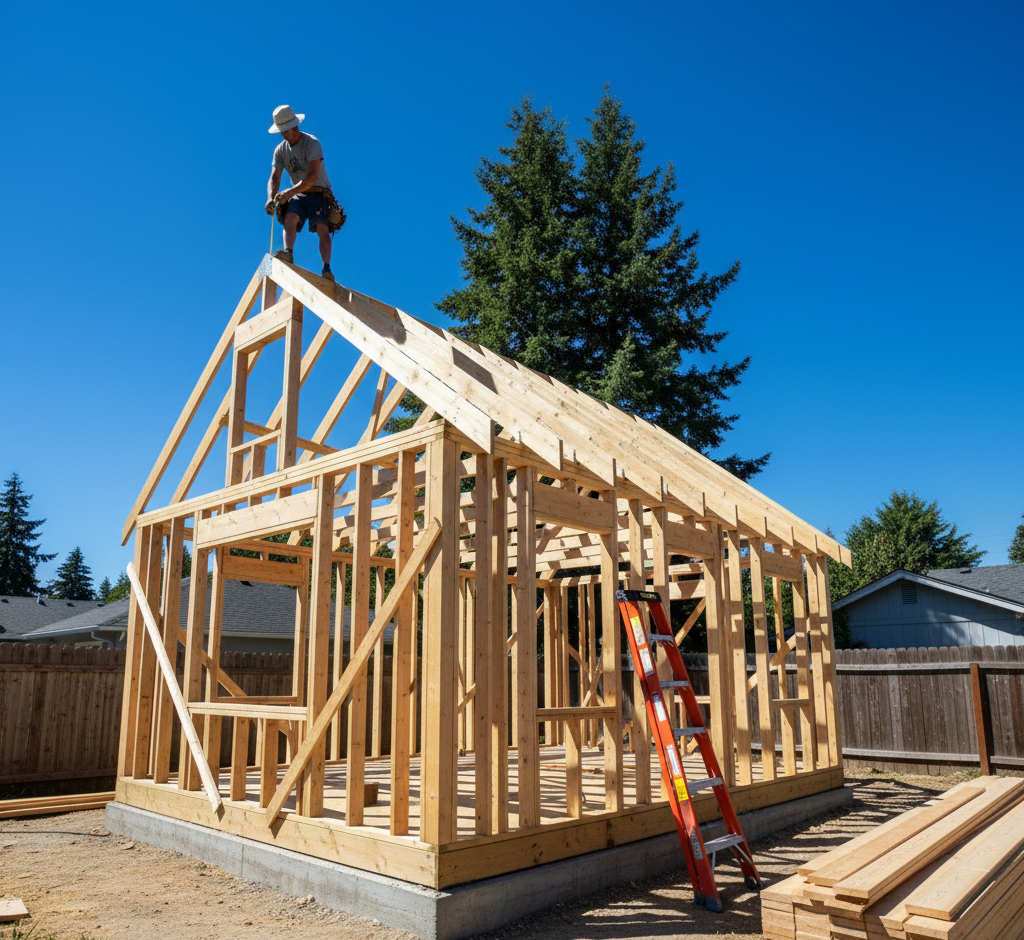 A person wearing a hat and work clothes is working on the roof framework of a wooden house under construction, with a ladder leaning against the side and trees in the background.
