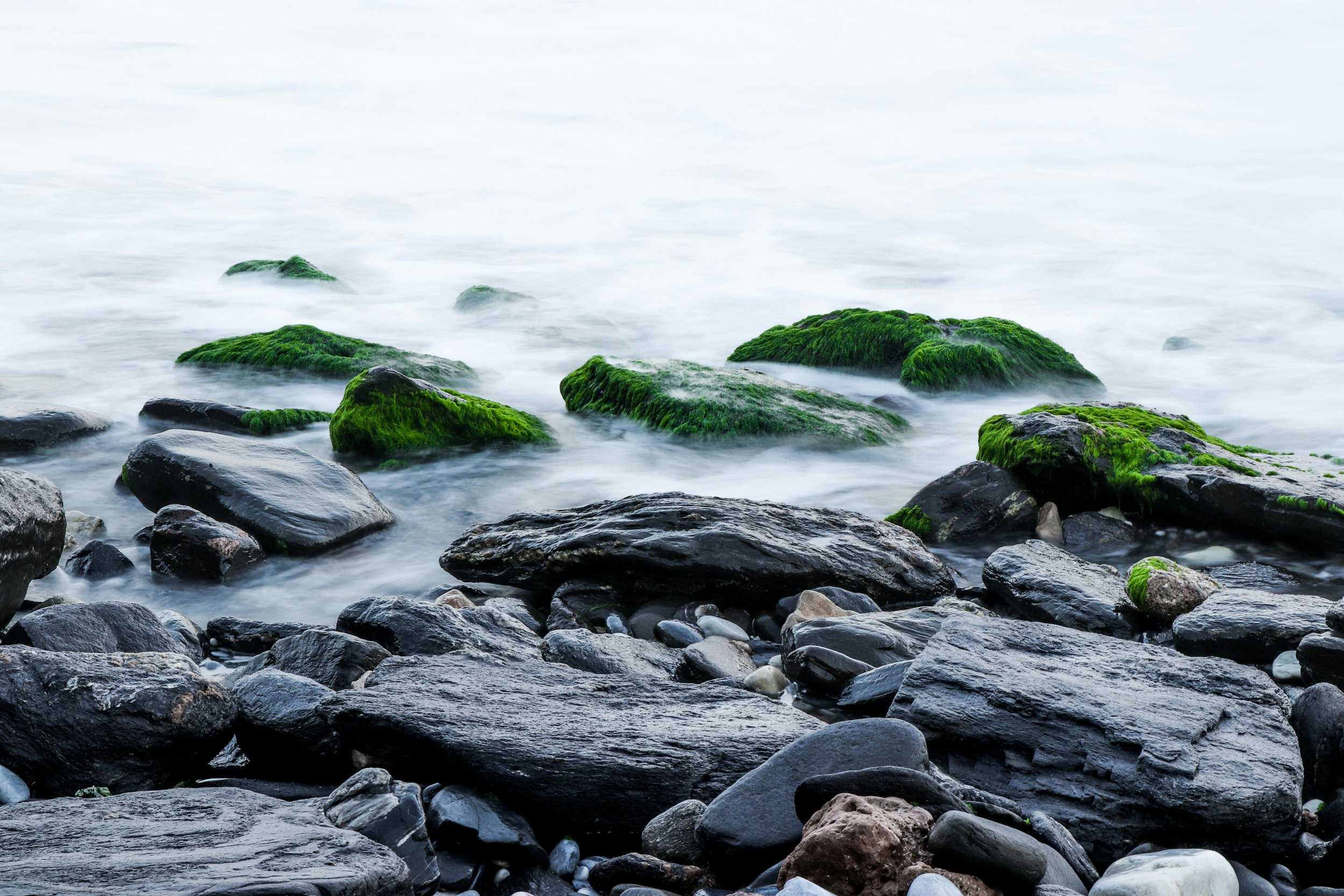 Water flowing over mossy rocks in a river