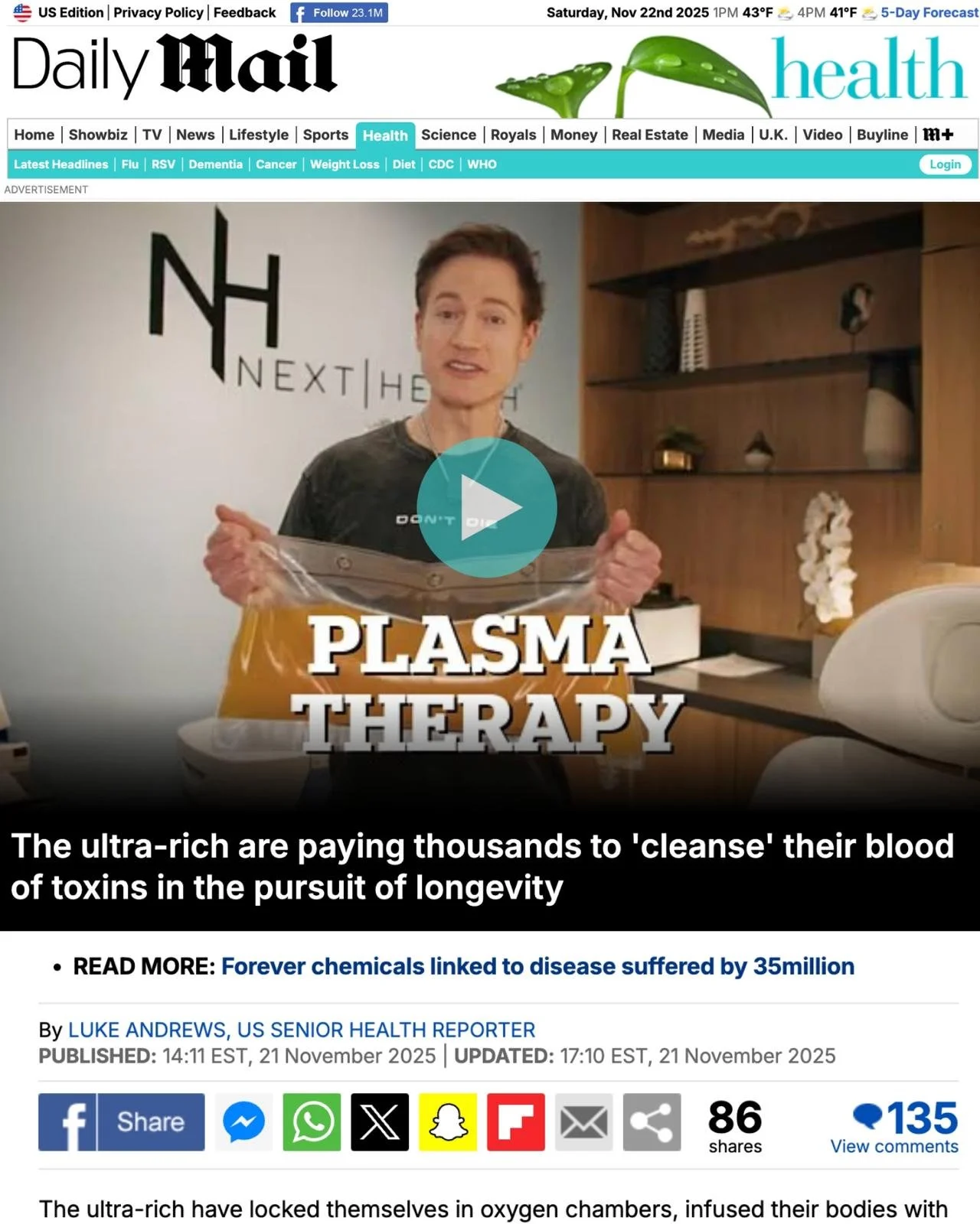 A man standing in front of a backdrop with the logo 'Next Health,' holding a transparent bag of yellowish liquid, with large text reading 'Plasma Therapy' over the image, in a room with shelves and decorative items.
