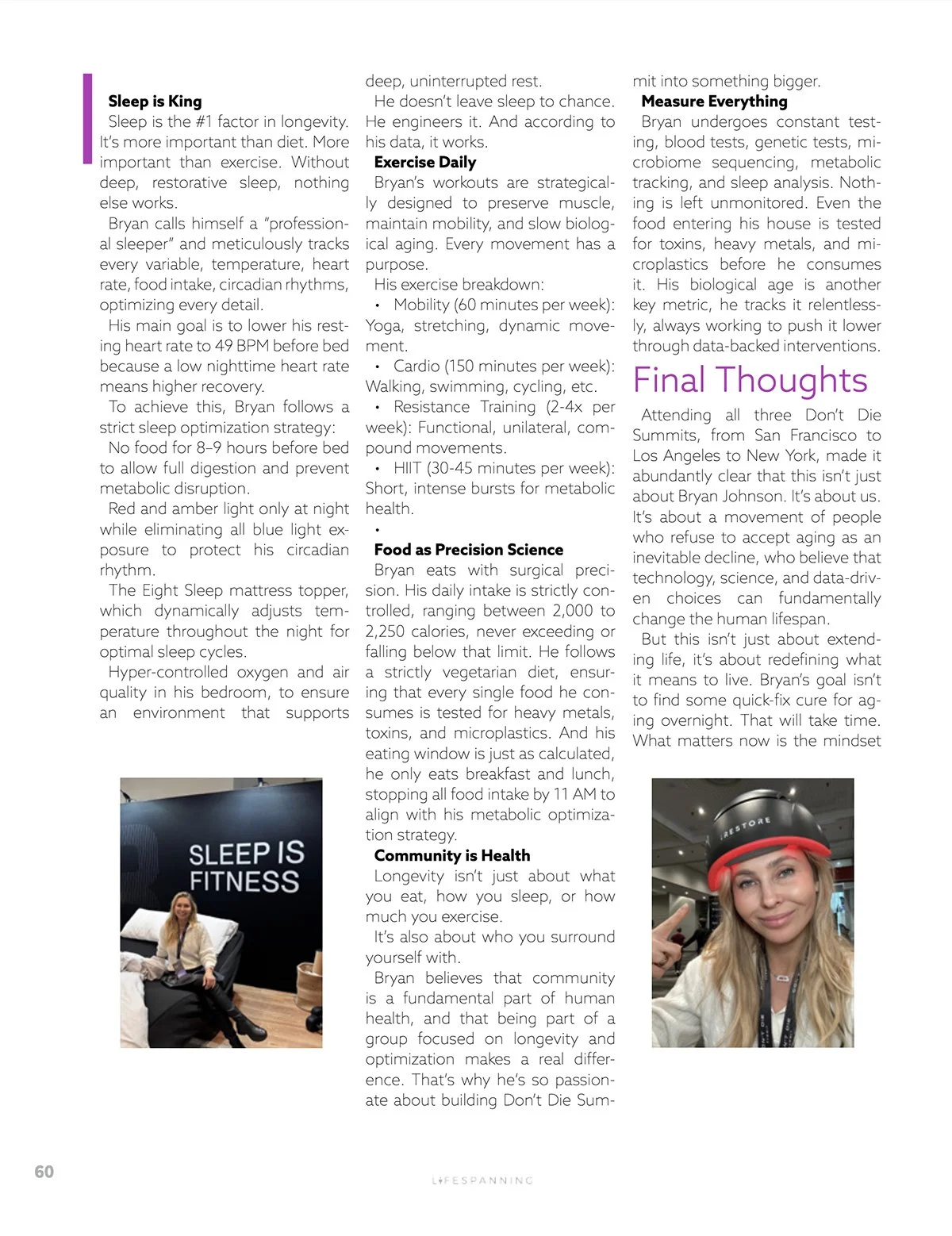 Magazine page with text about sleep, fitness, and health, two photos of a woman in a gym setting, one sitting on a bed with a "Sleep is Fitness" sign in the background, and another wearing a red cap and smiling.