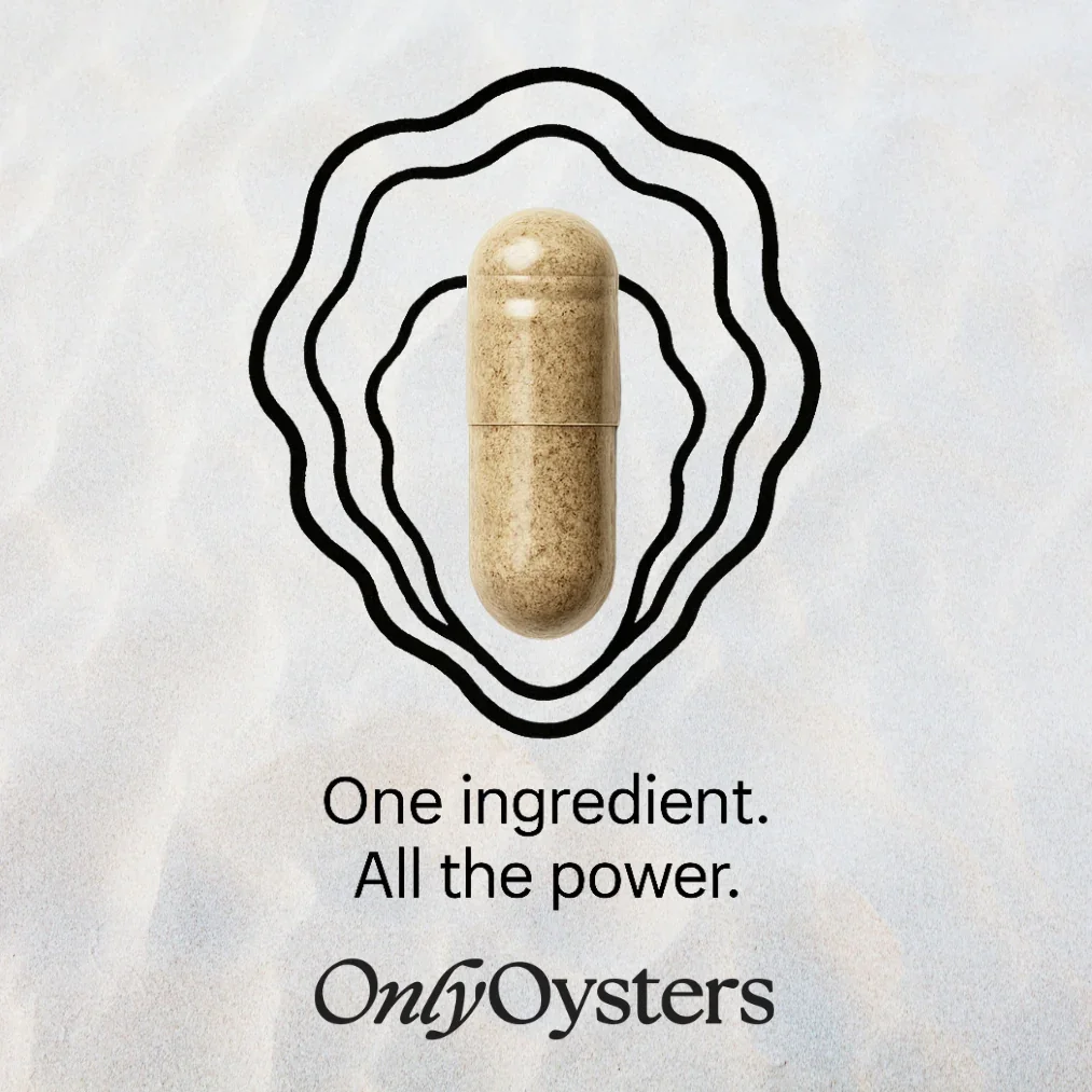 A capsule-shaped supplement pill with black wavy lines around it and the text 'One ingredient. All the power. OnlyOysters' underneath.
