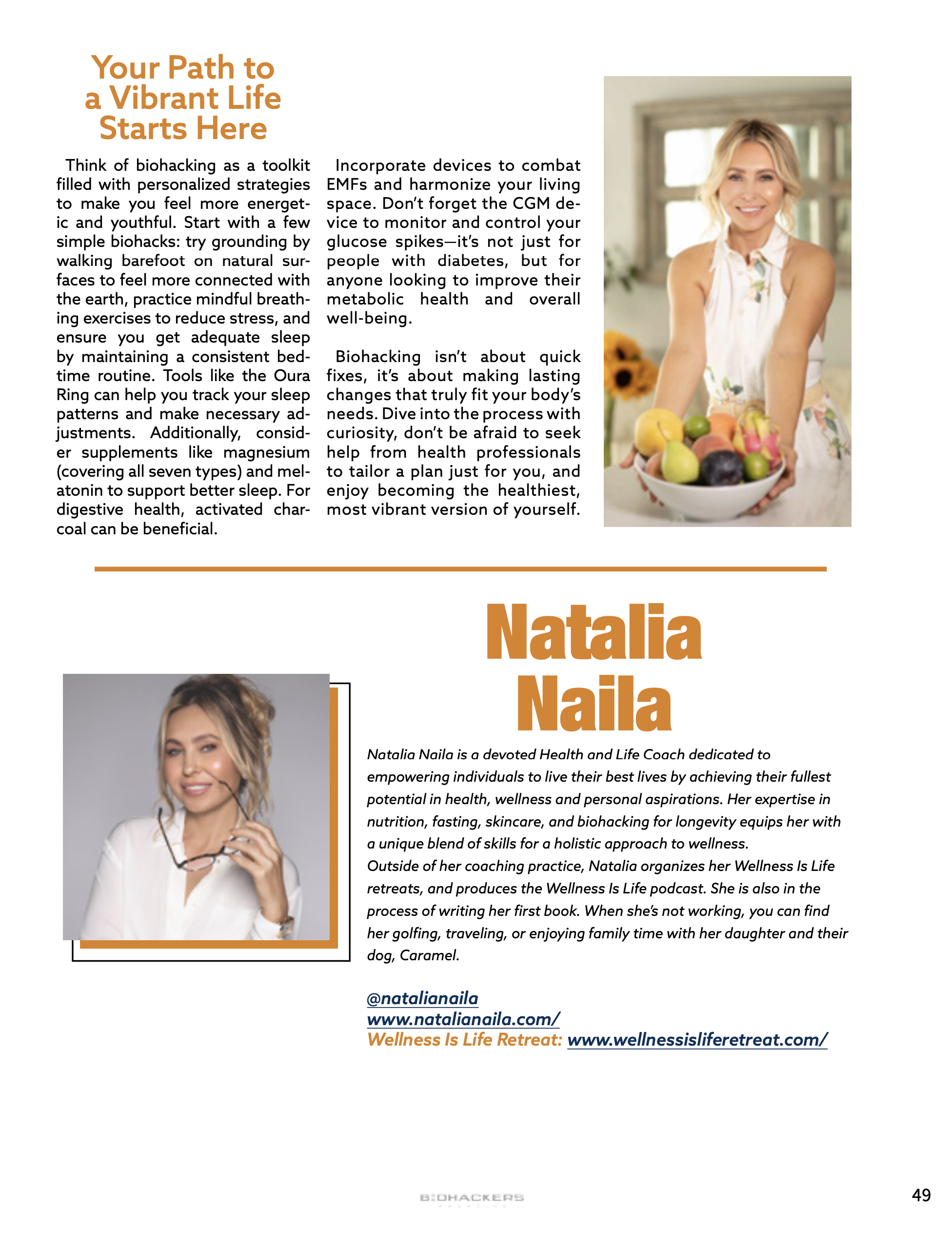 Pamphlet page with articles about biohacking and wellness coaching. The top right features a woman holding a bowl of fruit. The bottom left has a photo of a woman holding glasses with an introduction to a health and life coach.