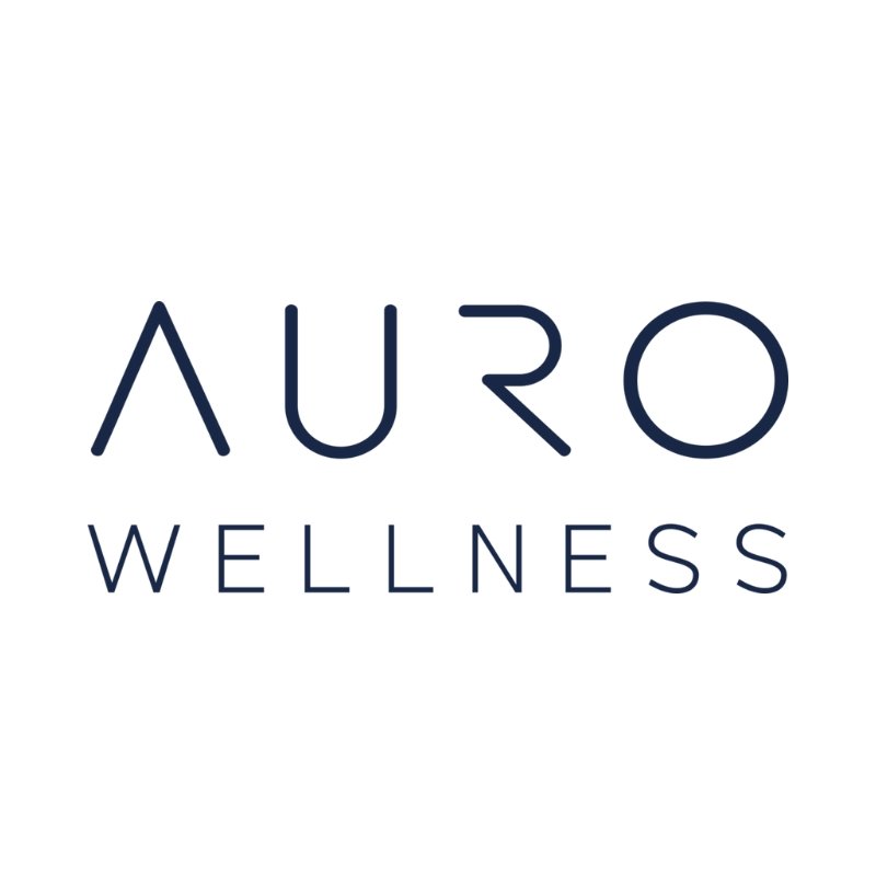 Logo for Auro Wellness with the word 'Auro' in modern font above the word 'Wellness' in smaller font, both in dark blue on a white background.