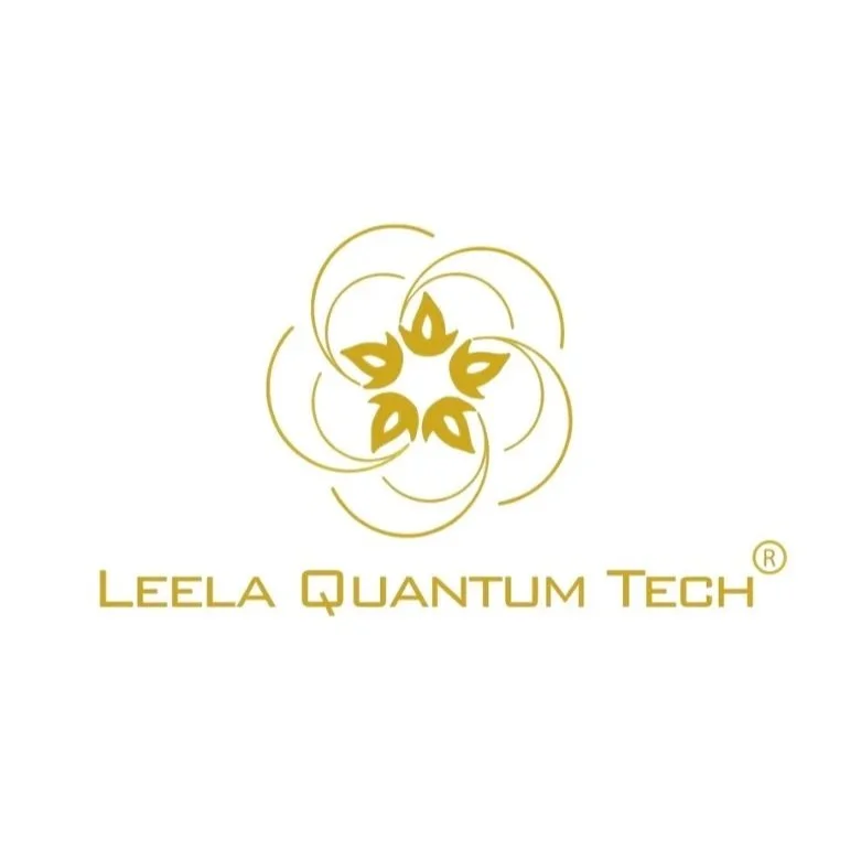 Gold logo with floral design and the text 'Leela Quantum Tech' beneath it.