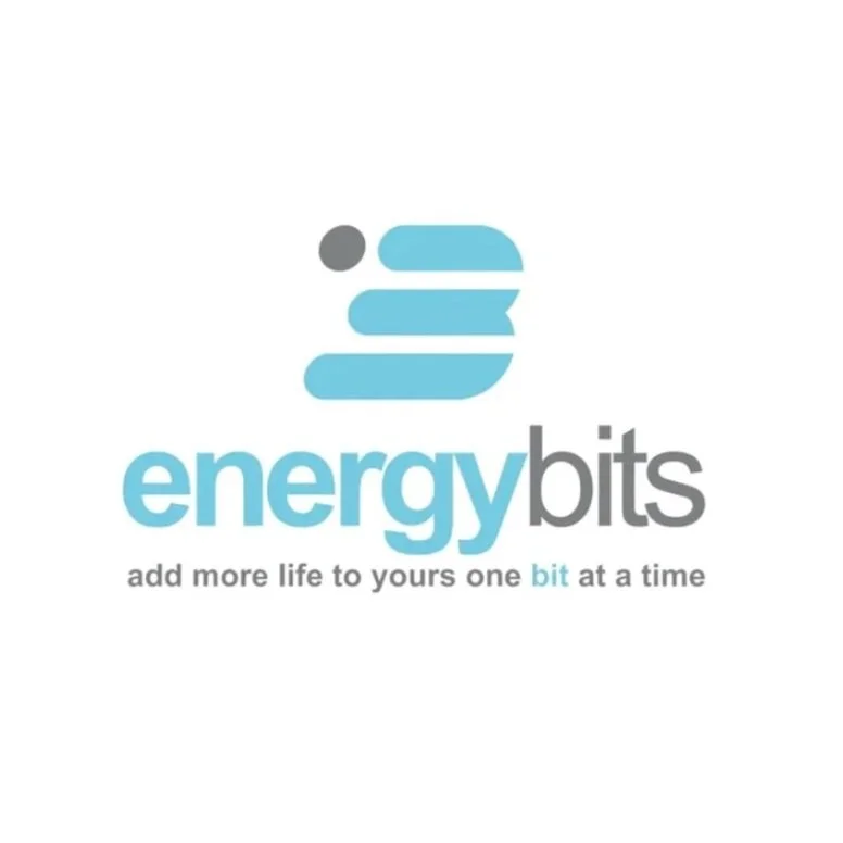 Logo for Energibits with a stylized blue and gray icon above the company name, and the tagline "add more life to yours one bit at a time."