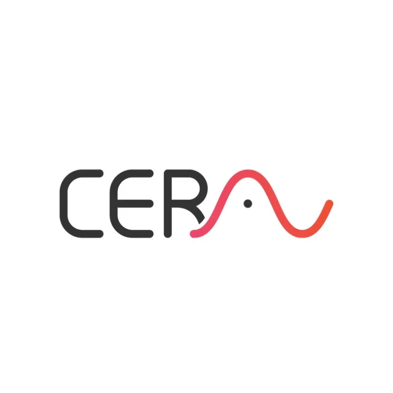 The word 'CERA' with the letter 'N' stylized as a red wave and a small black dot, resembling a particle track.