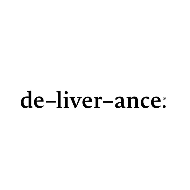 The word "de-liver-ance" written in bold black font on a white background.