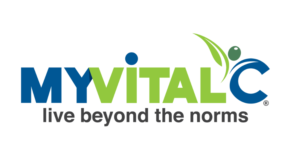 Colorful logo with the words 'MY VITAL', a stylized leaf, and the tagline 'live beyond the norms' underneath.