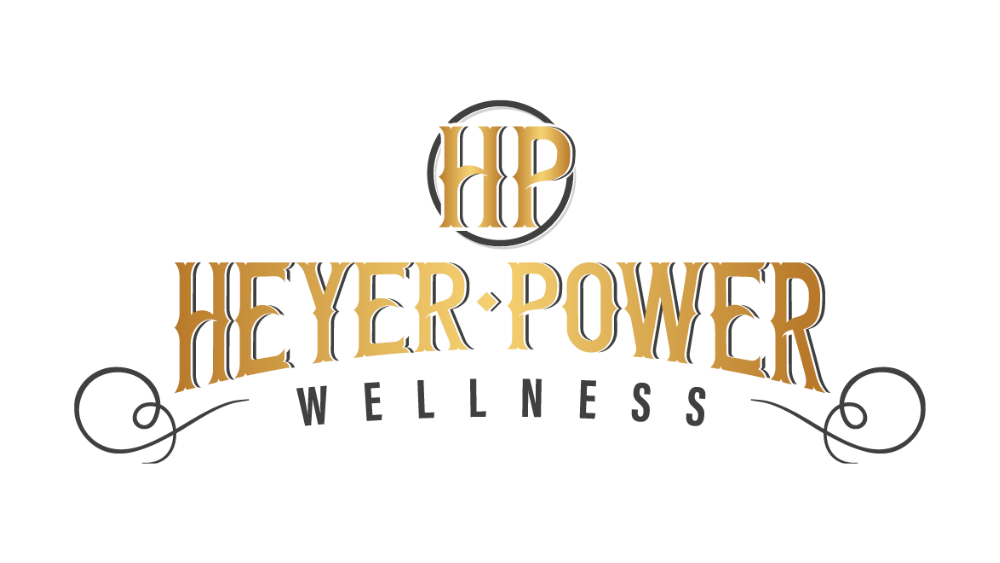 Logo with the words "Heyer Power" in gold 3D letters and circles with additional design elements.