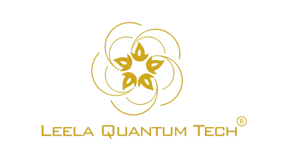 A black background featuring a gold abstract flower-like logo with seven petals, with the text "Leela Quantum Tech" below it in gold font.