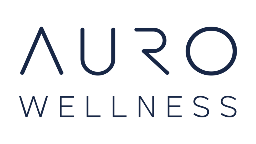 Logo for Auro Wellness with the text 'AURO WELNESS' in navy blue.