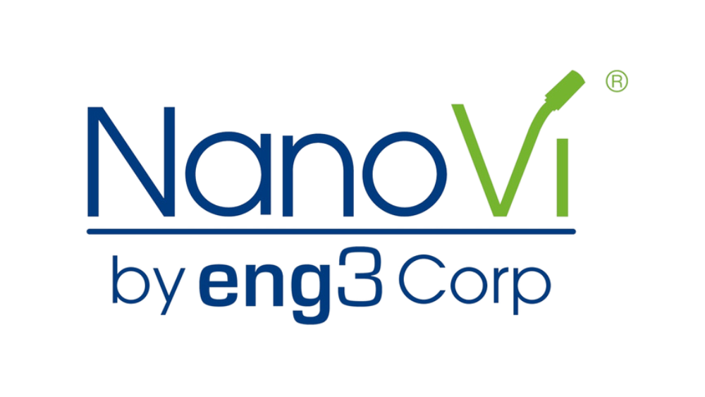 Logo for NanoVi with stylized text and graphical elements in green and blue