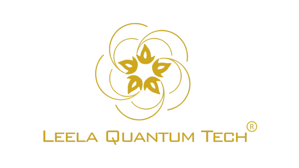 A stylized golden floral logo with intricate swirling petal designs, accompanied by the text 'Leela Quantum Tech' in gold, on a black background.
