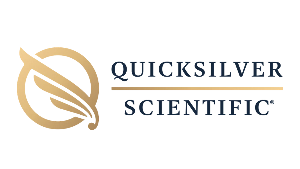 The logo features a stylized quill or leaf inside a circle, with the brand name 'QUICKSILVER Scientific' to the right in dark blue text.