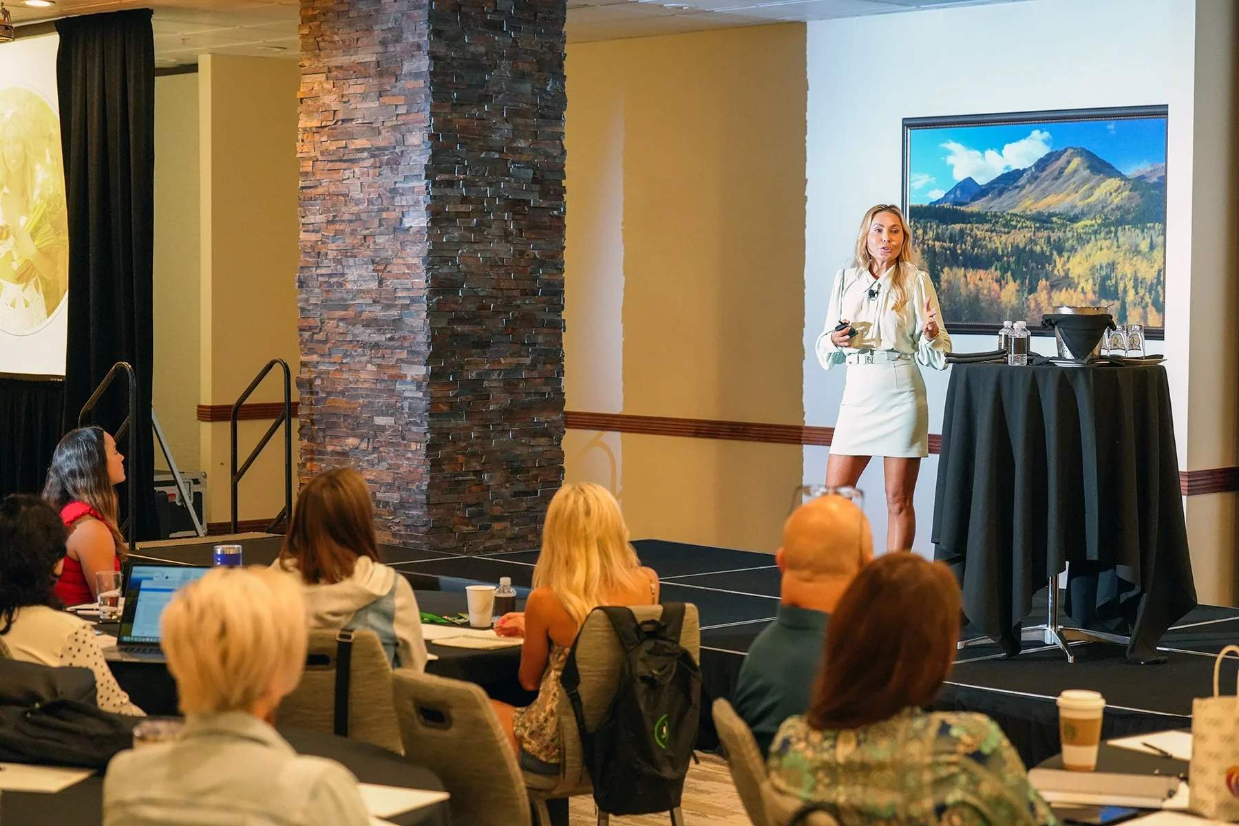 A woman in a white dress giving a presentation in front of a seated audience, with a scenic mountain landscape picture on the wall behind her, in a conference room.