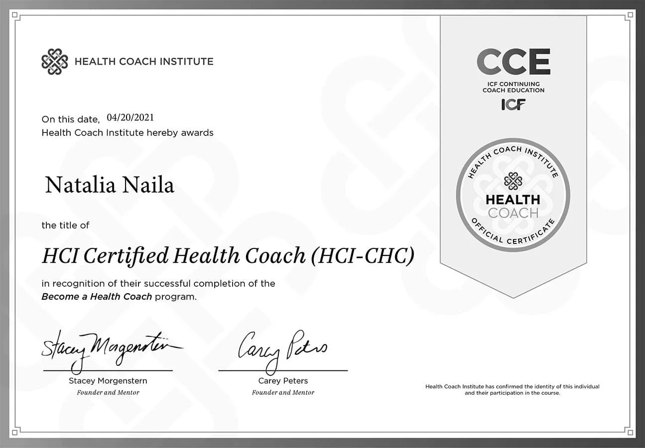 Certification certificate awarded to Natalia Naila for completing the HCI Certified Health Coach program from the Health Coach Institute, dated April 20, 2021.