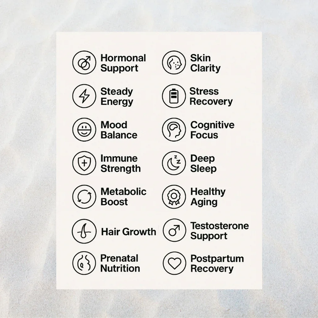 A list of health and wellness benefits with icons, including hormonal support, skin clarity, steady energy, stress recovery, mood balance, cognitive focus, immune strength, deep sleep, metabolic boost, healthy aging, hair growth, testosterone support, prenatal nutrition, and postpartum recovery.