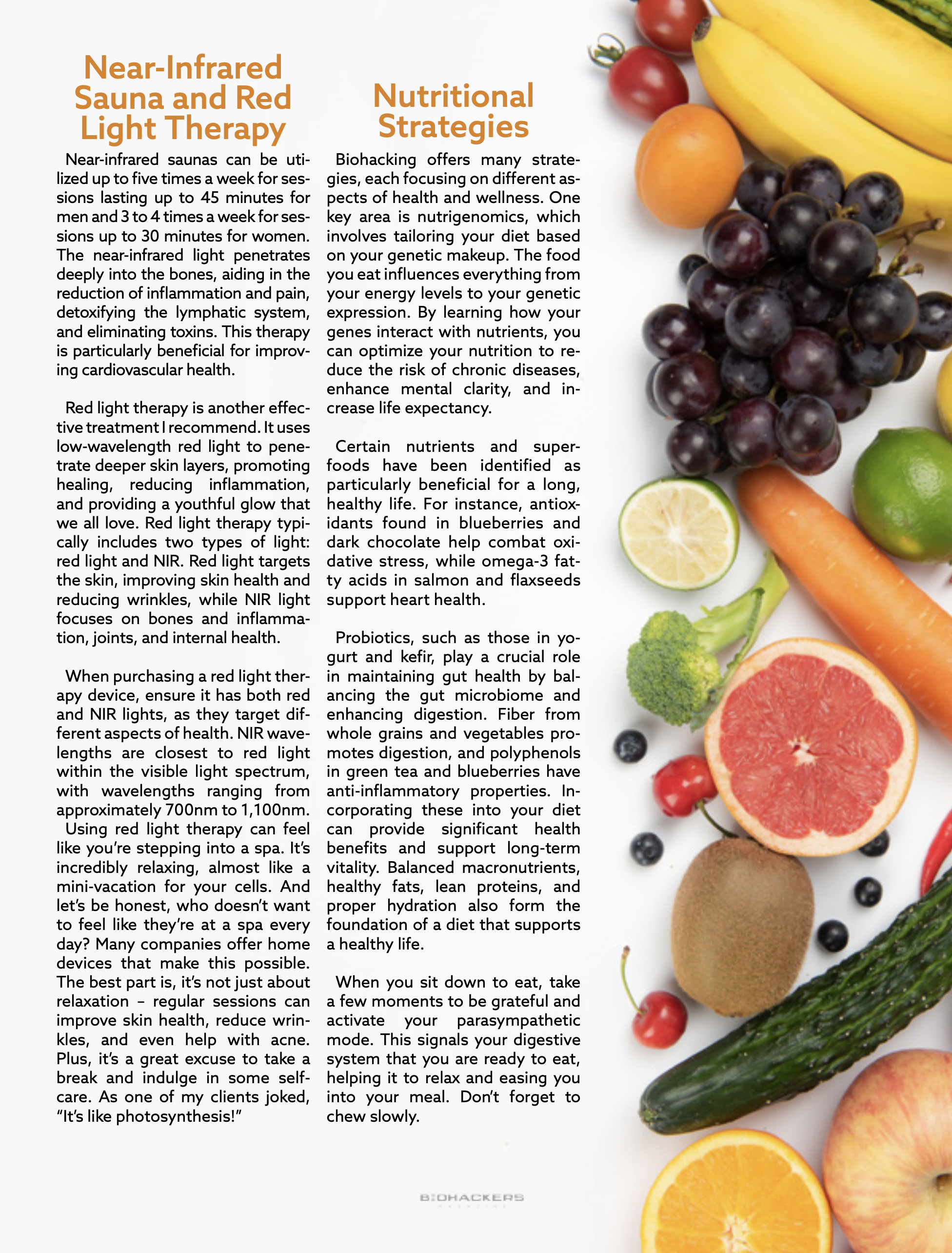 A flyer with text on the left and an assortment of fresh fruits and vegetables on the right, including tomatoes, bananas, grapes, a lemon, an orange, a carrot, broccoli, blueberries, a cucumber, and an apple.