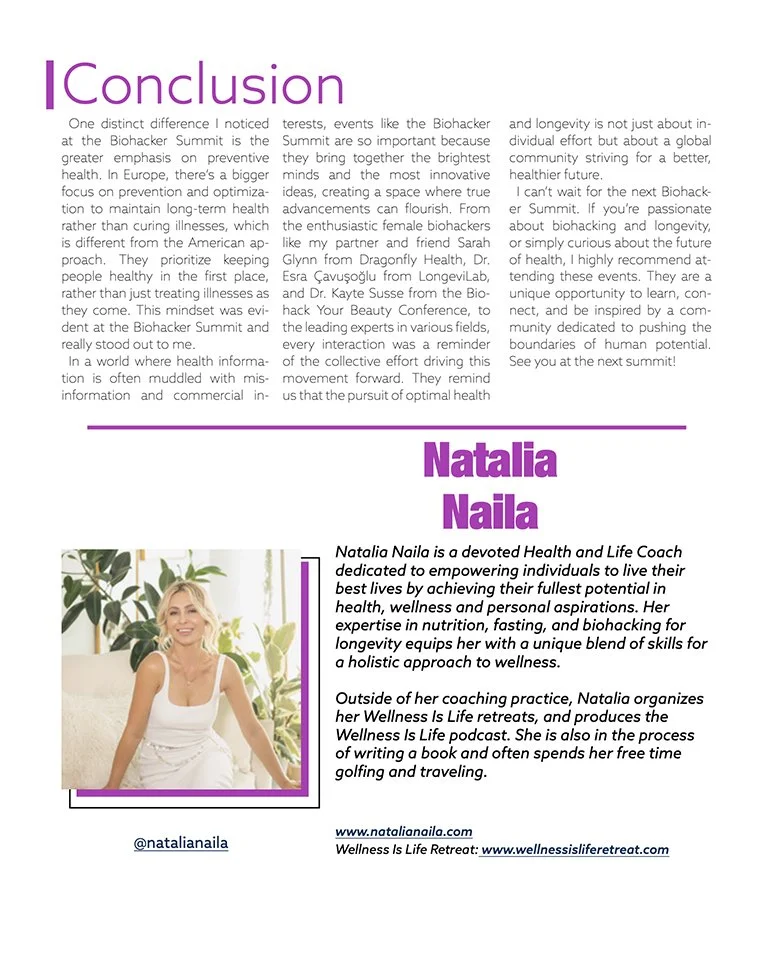 Page containing a conclusion section, a profile of Natalia Naila with her photograph, and contact information for her wellness coaching services.