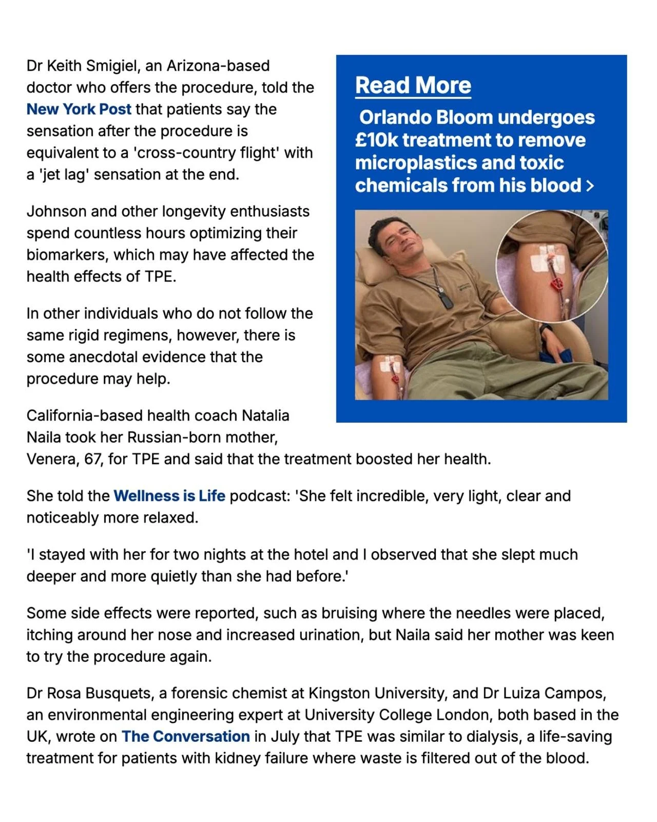 A man lying in a medical chair with electrodes attached to his arm, undergoing a treatment. The inset shows a close-up of the procedure with medical equipment attached to the man.