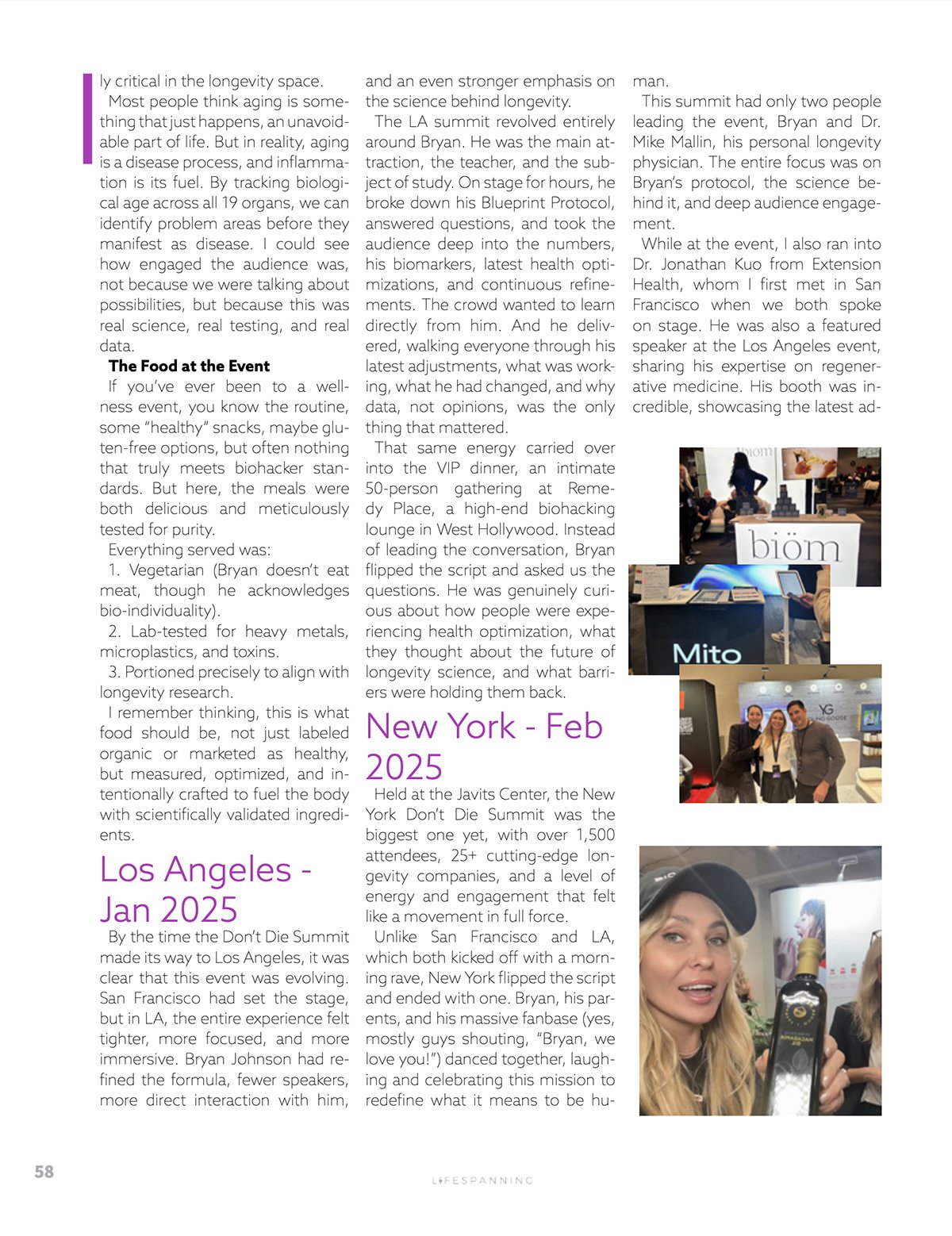 Photograph of a woman holding a bottle of olive oil at a trade show booth. She is smiling and wearing a black cap and jacket. The booth features a display with the word 'biom' and other products.