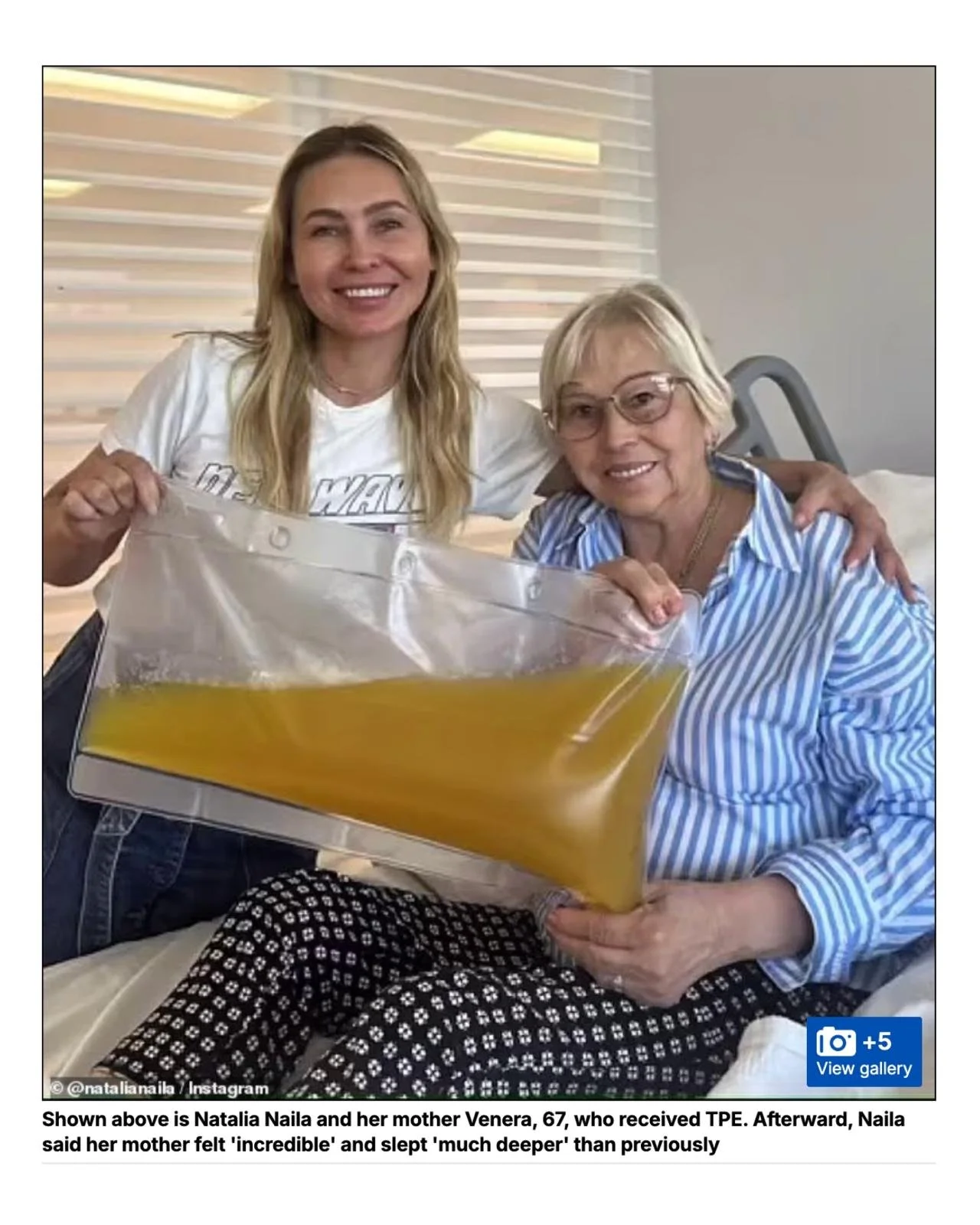 Natalia Naila and her mother Venera, age 67, smiling while holding a bag of amniotic fluid in the hospital room.