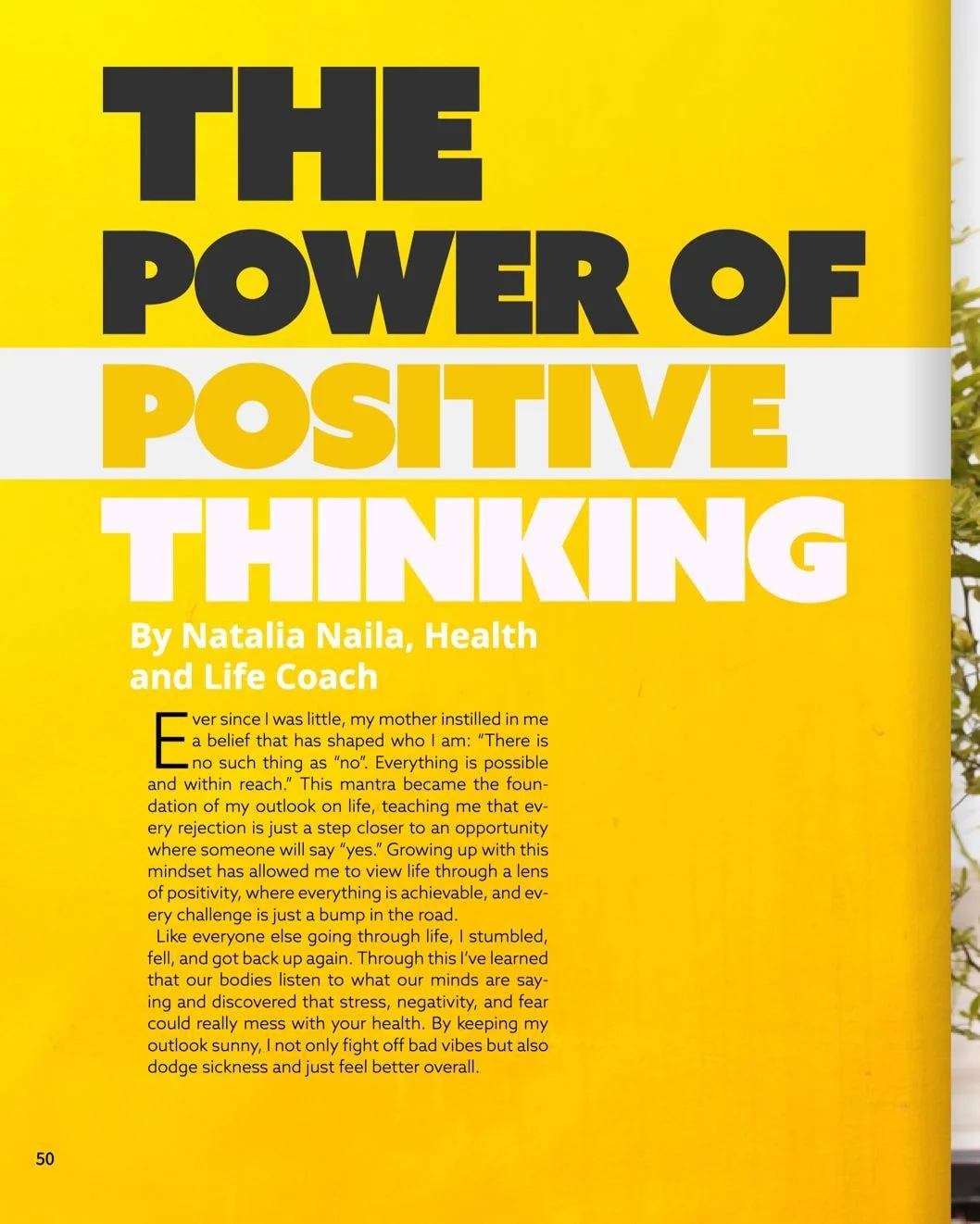 Book titled 'The Power of Positive Thinking' by Natalia Naila, Health, and Life Coach, with a yellow cover and black, white, and yellow text.