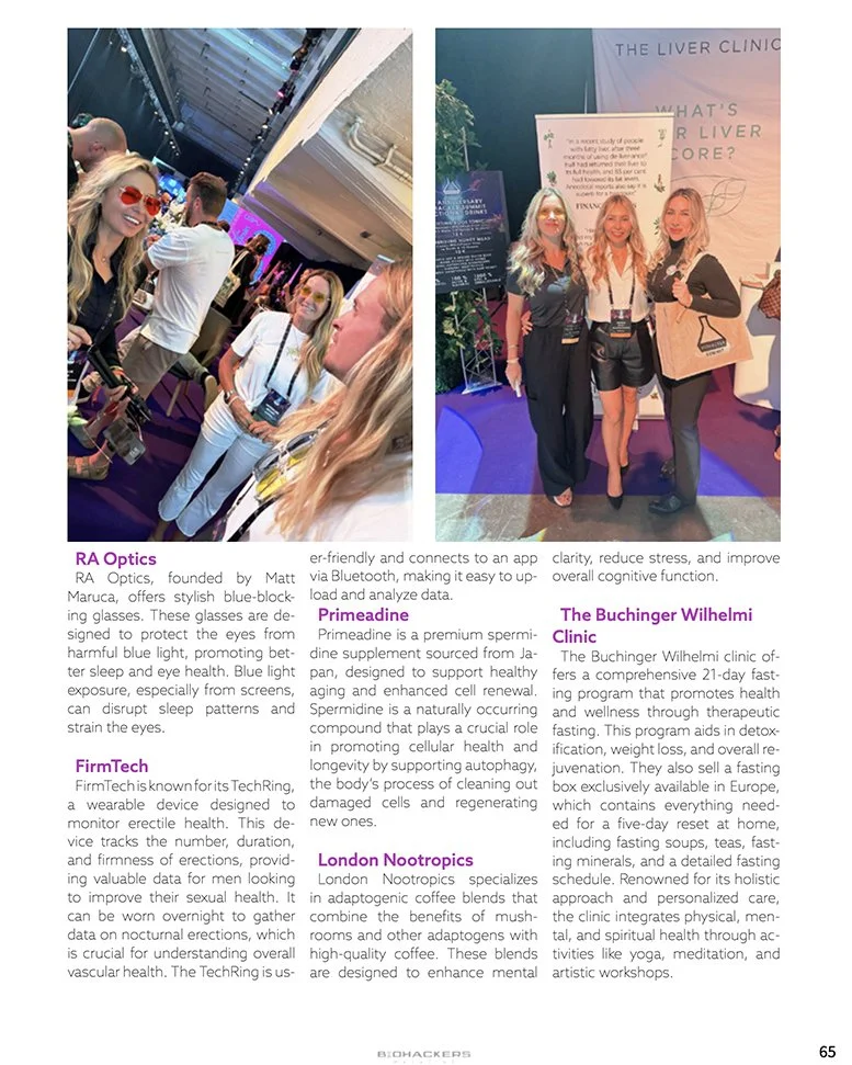 Photograph of two groups of women at a health or wellness event, one group indoors with a modern, high-ceiling venue and lighting, the other group standing in front of a promotional display for The Liver Clinic.