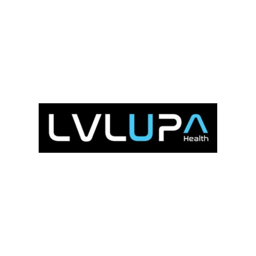 Logo for LVLUPA Health with black background and stylized white and blue text.