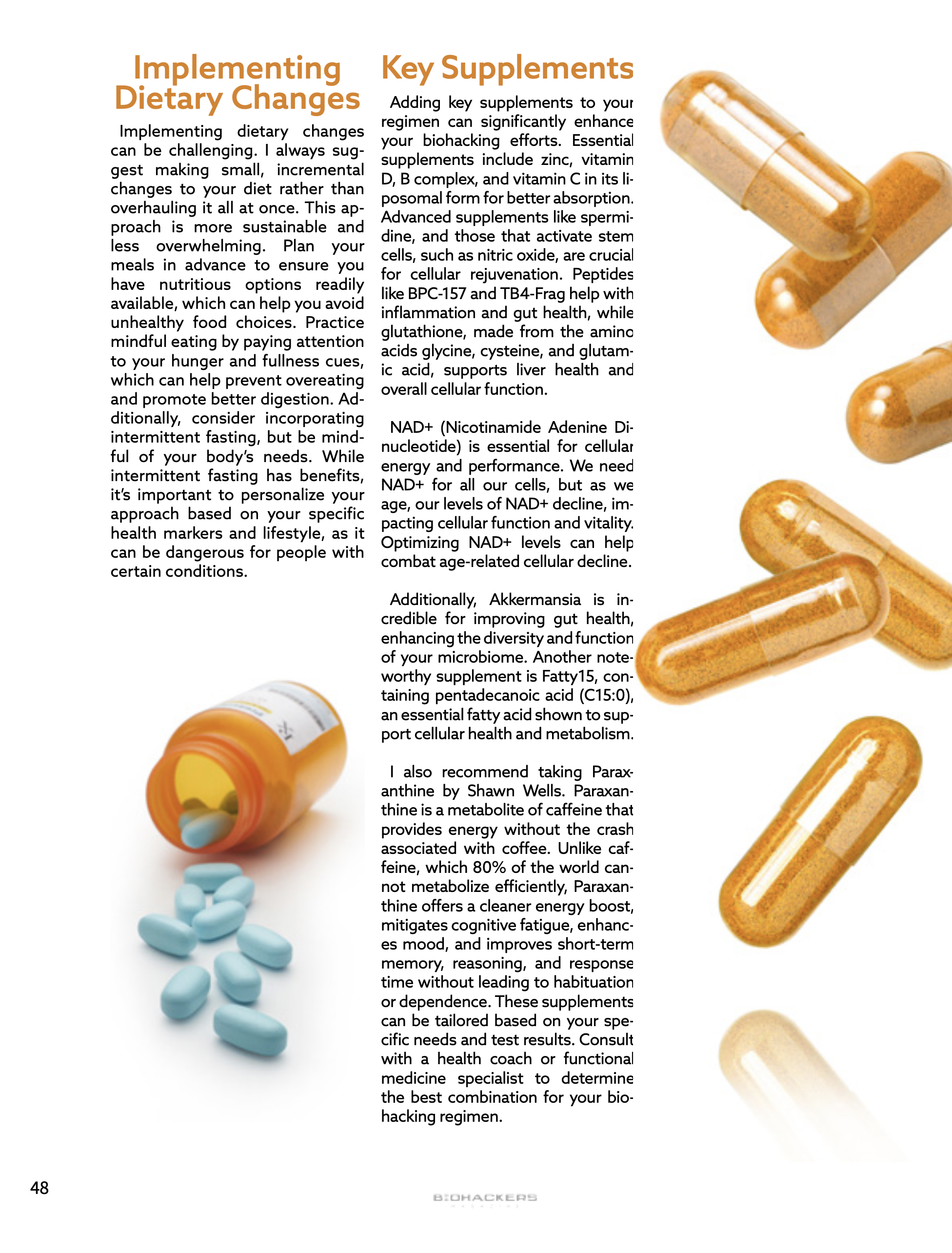 Page from a health and wellness article discussing implementing dietary changes and key supplements, with images of capsules and tablets on the right side.