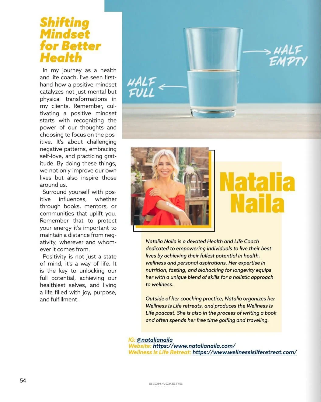 A glass of water filled halfway, labeled with annotations 'half full' and 'half empty'. A photo of a smiling woman with blonde hair wearing a red off-shoulder top, sitting outdoors. Text and links promoting Natalia Naila, a health and life coach.