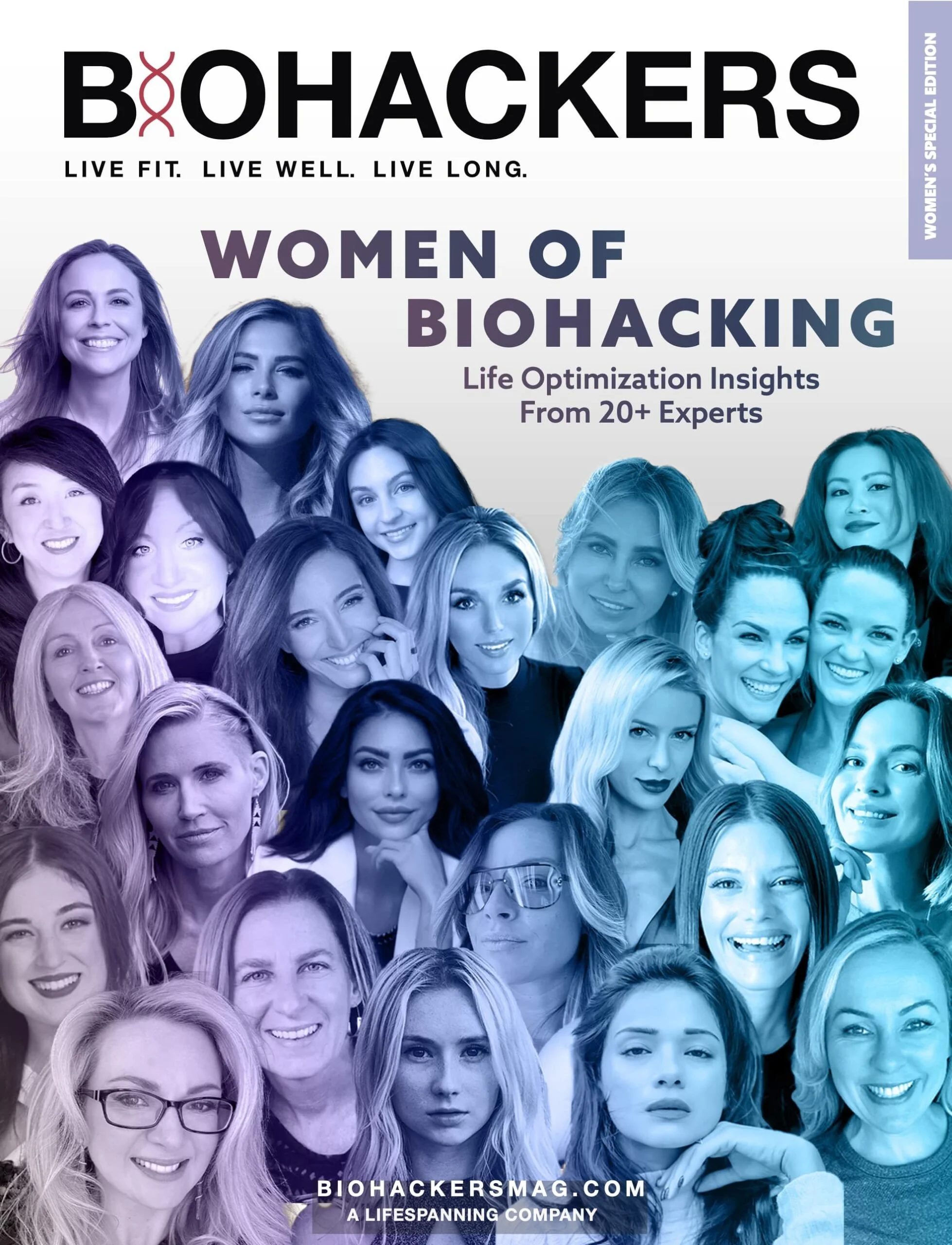 Cover image for BioHackers magazine featuring a collage of women of various ages and ethnicities smiling, in shades of purple, blue, and gray, with text about women's biohacking and life optimization insights.